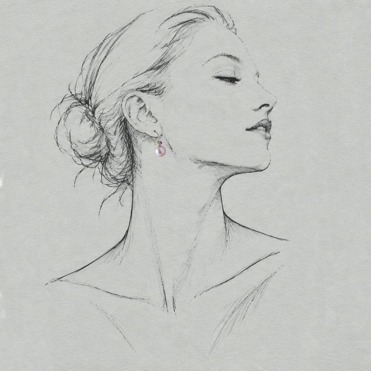 Artist drawing of a woman wearing solid gold 14ct pink sapphire and pink pearl drop earrings.
