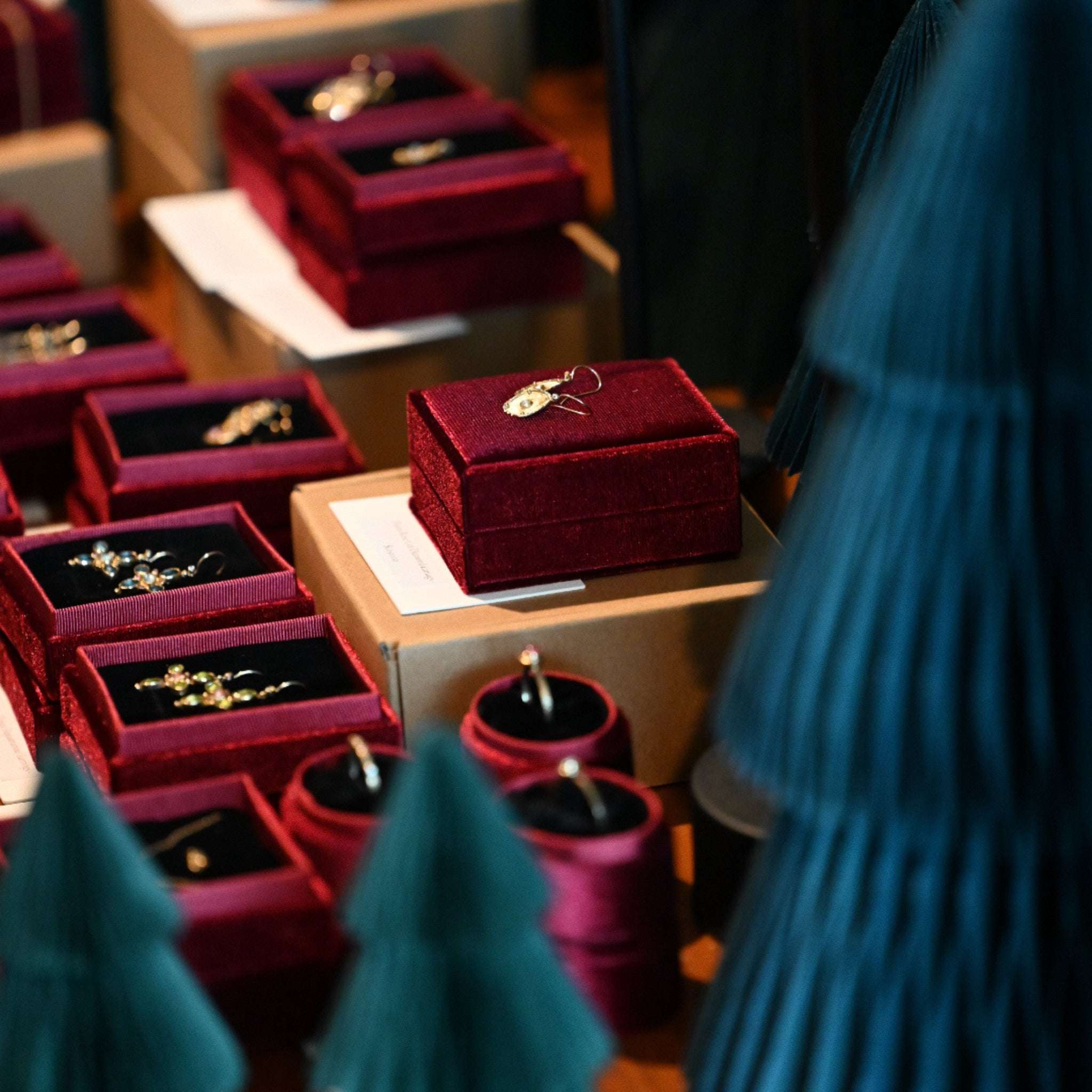 Vermilion Jewellery Christmas collection display of boxes and jewellery