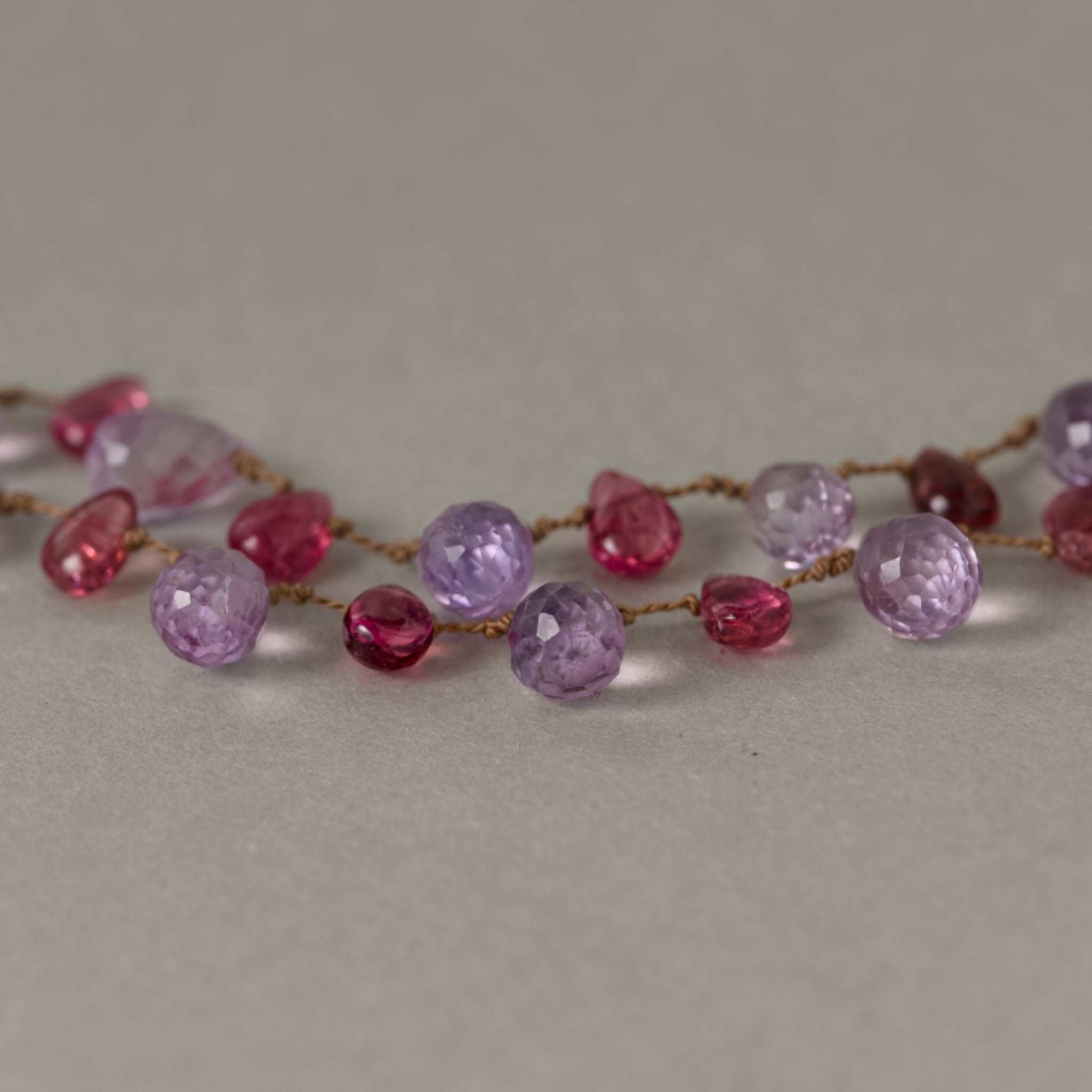 amethyst and tourmaline briolette necklace strung on silk