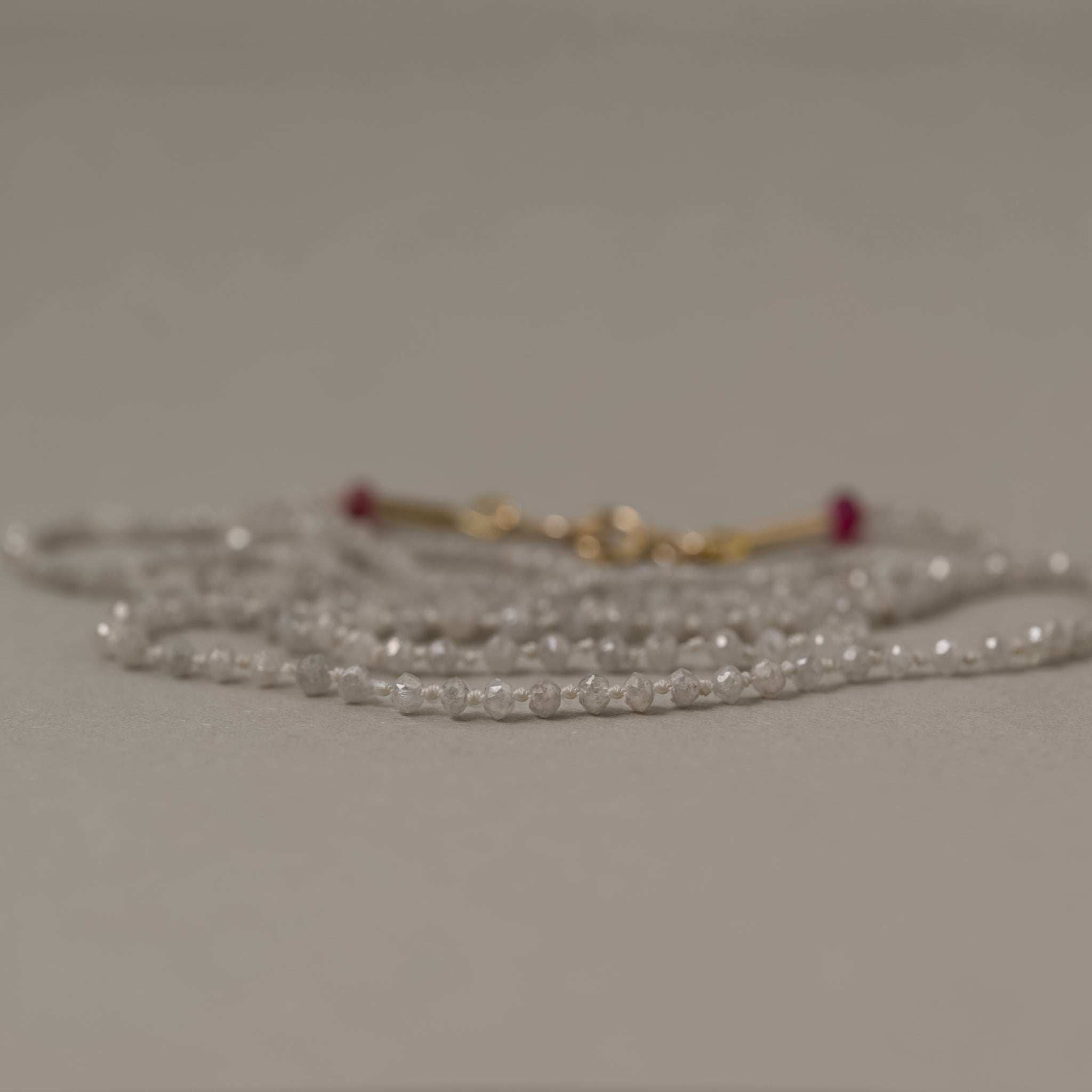 natural diamond bead necklace on silk thread with gold clasp Vermilion Jewellery