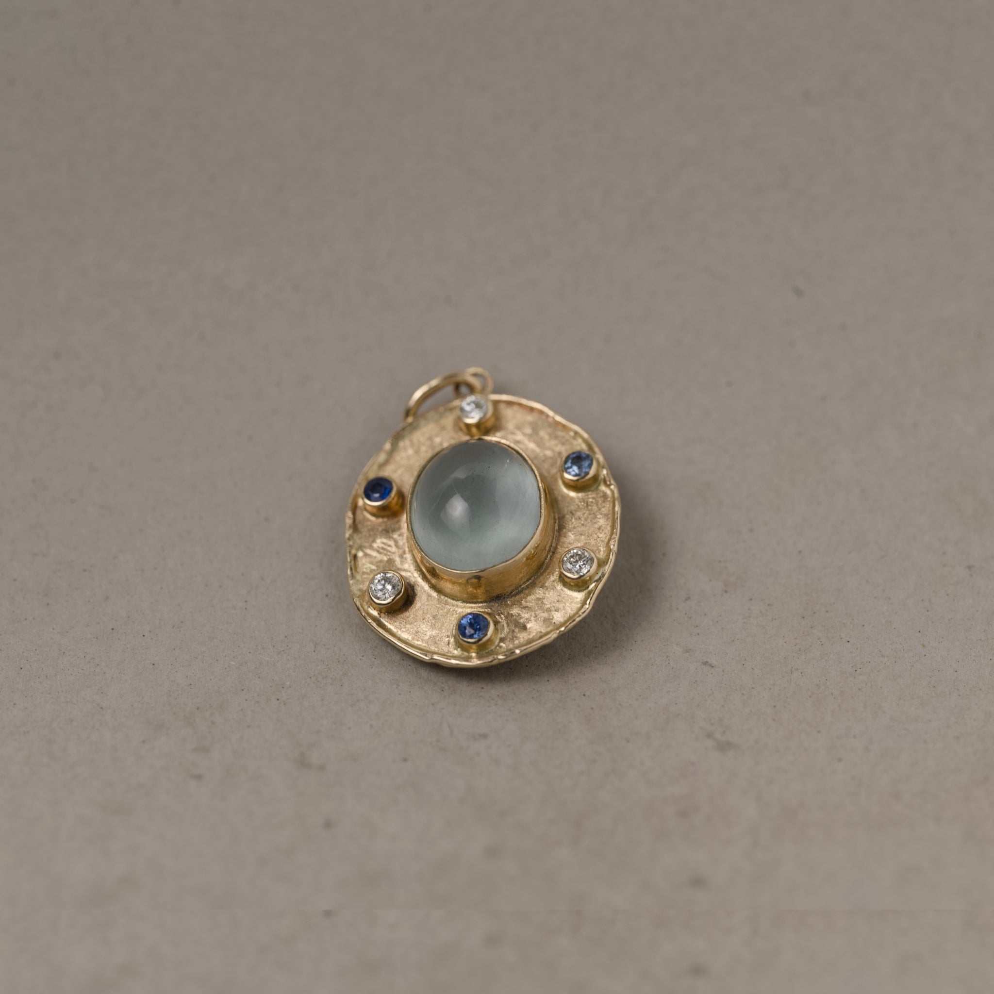 Florin aquamarine diamond and sapphire pendant handmade in 14ct gold