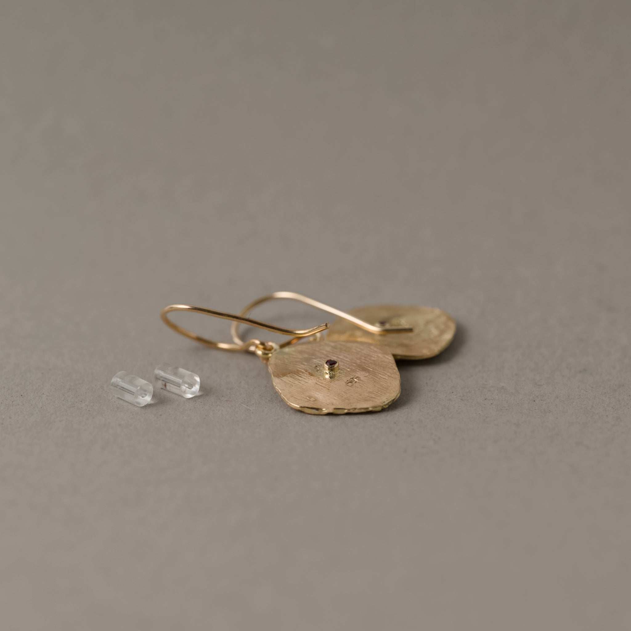 Natural rose-cut diamond earrings set in textured 14ct gold Florin discs.