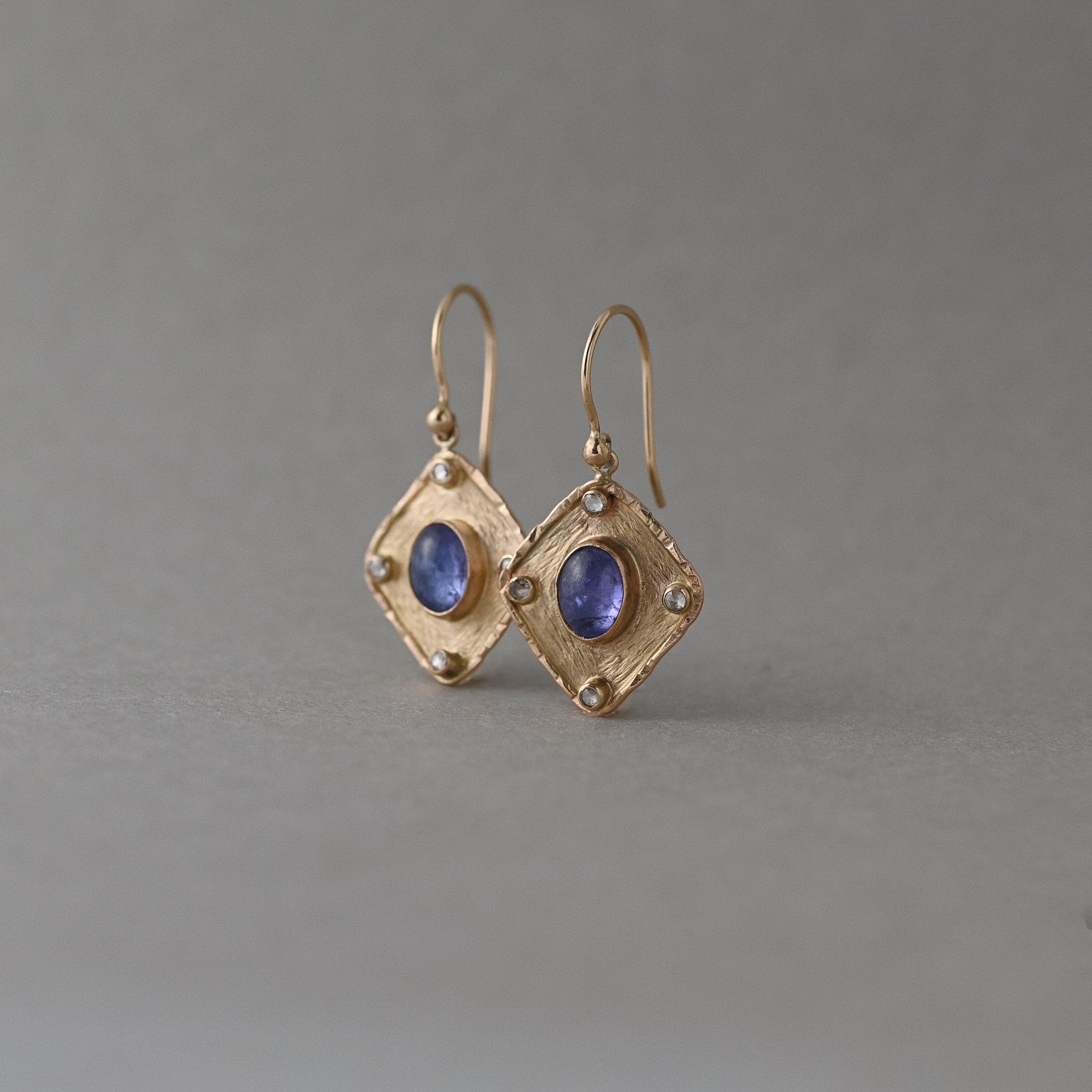 Florin 14ct solid gold lozenge shape earrings with Tanzanite gemstones and natural rose cut diamonds