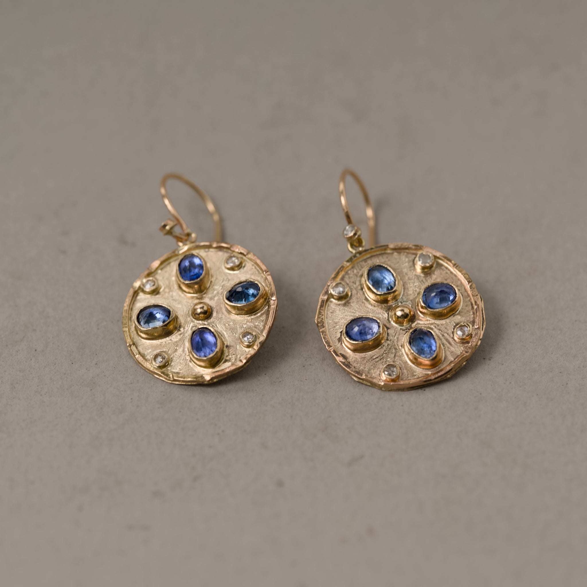 Florin Alta Ceylon sapphire diamond earrings with celestial blue sapphires and rose-cut diamonds in gold setting
