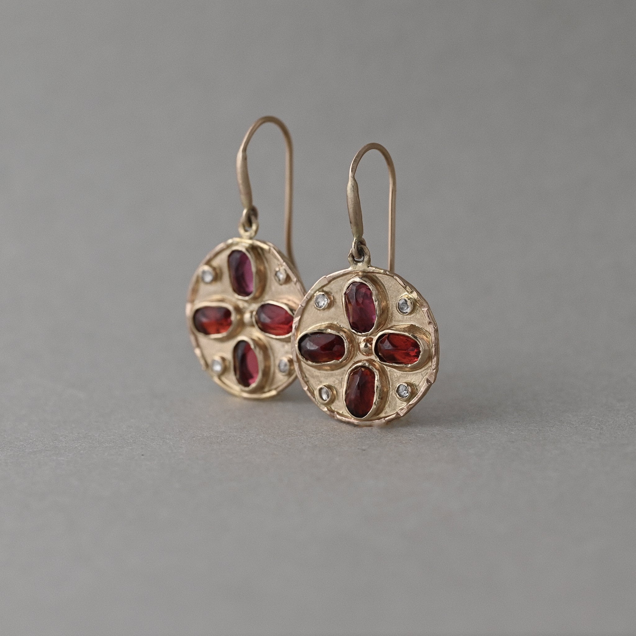 Florin 14ct solid gold disc earrings with malaia garnets and natural rose cut diamonds