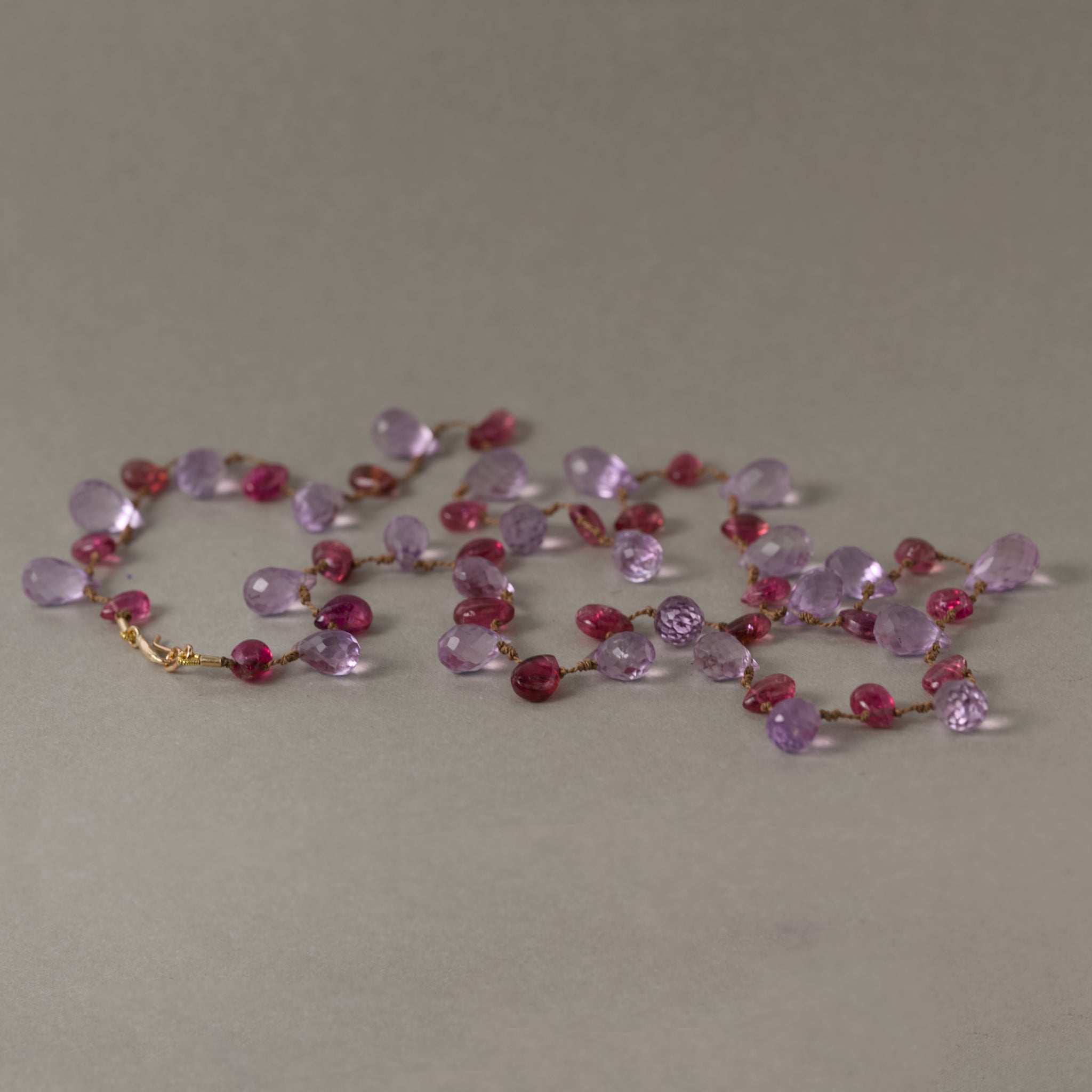 Amethyst and Tourmaline Briolette necklace strung on silk