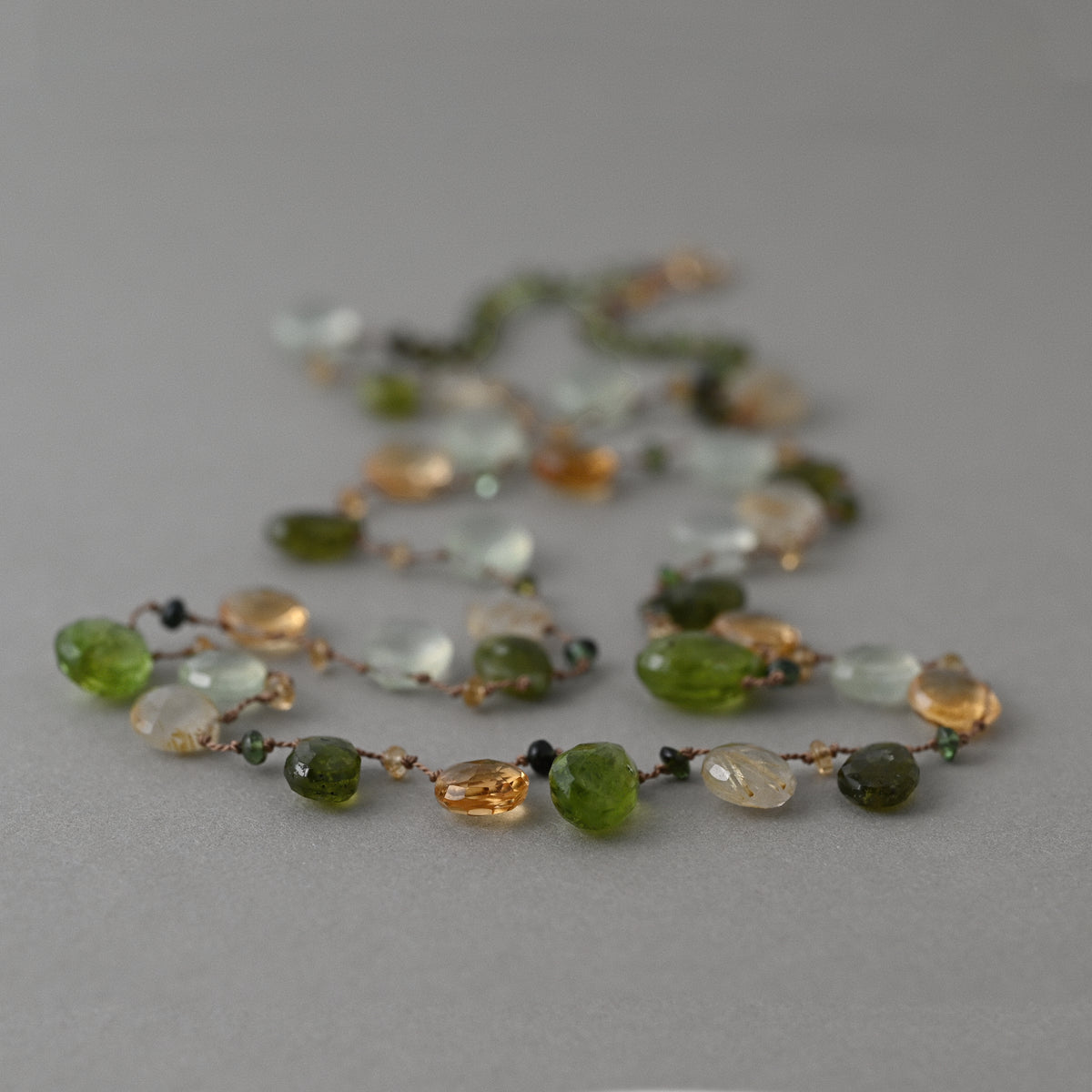 lido Peridot citrine gemstone necklace strung on silk with a 14ct gold clasp