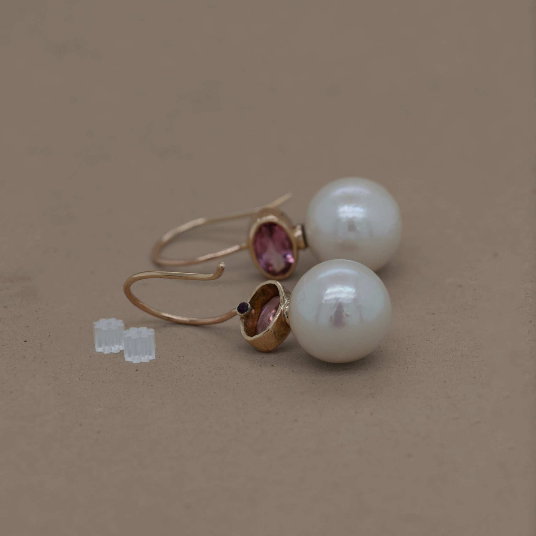 Pink Tourmaline Pearl Earrings with Gold Accents