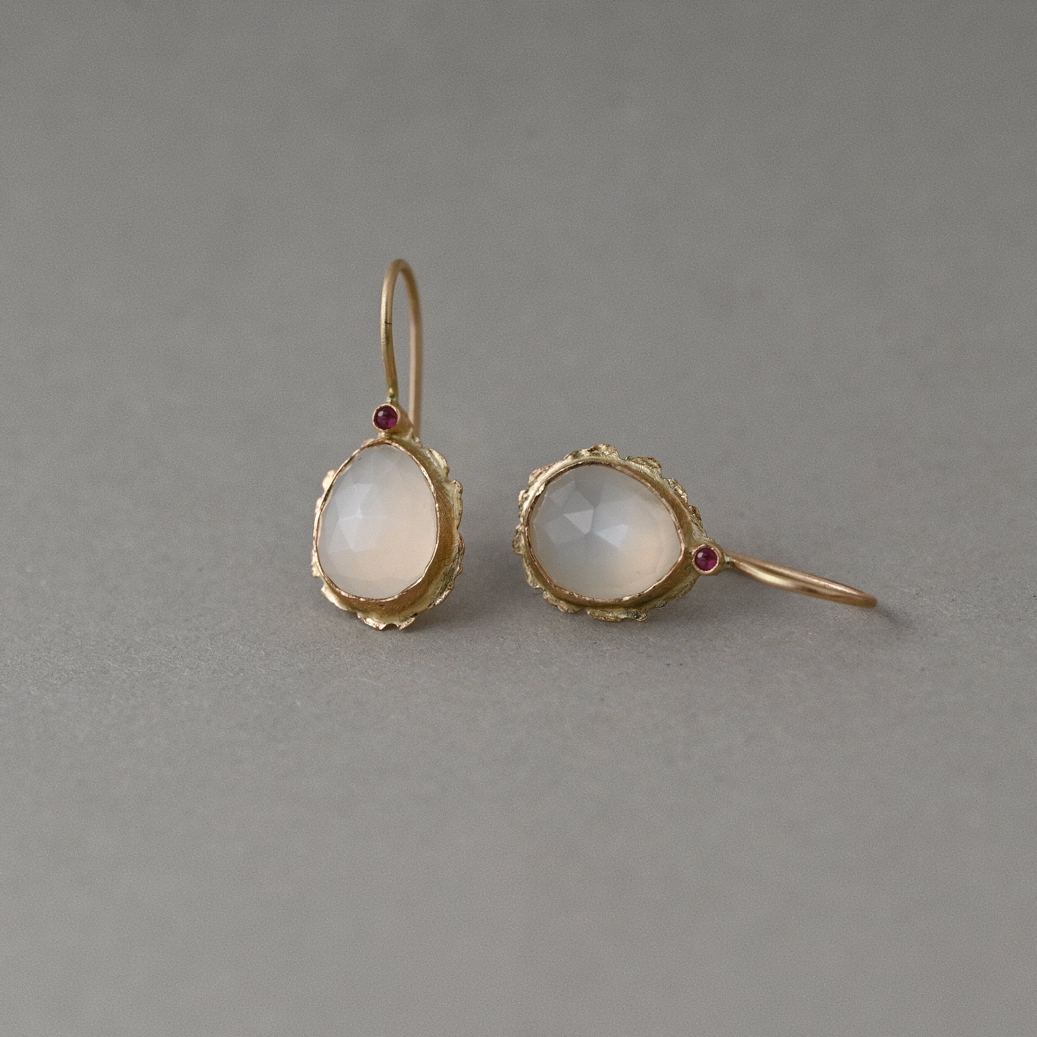 Pera 14ct solid gold moonstone and ruby gemstone drop earrings