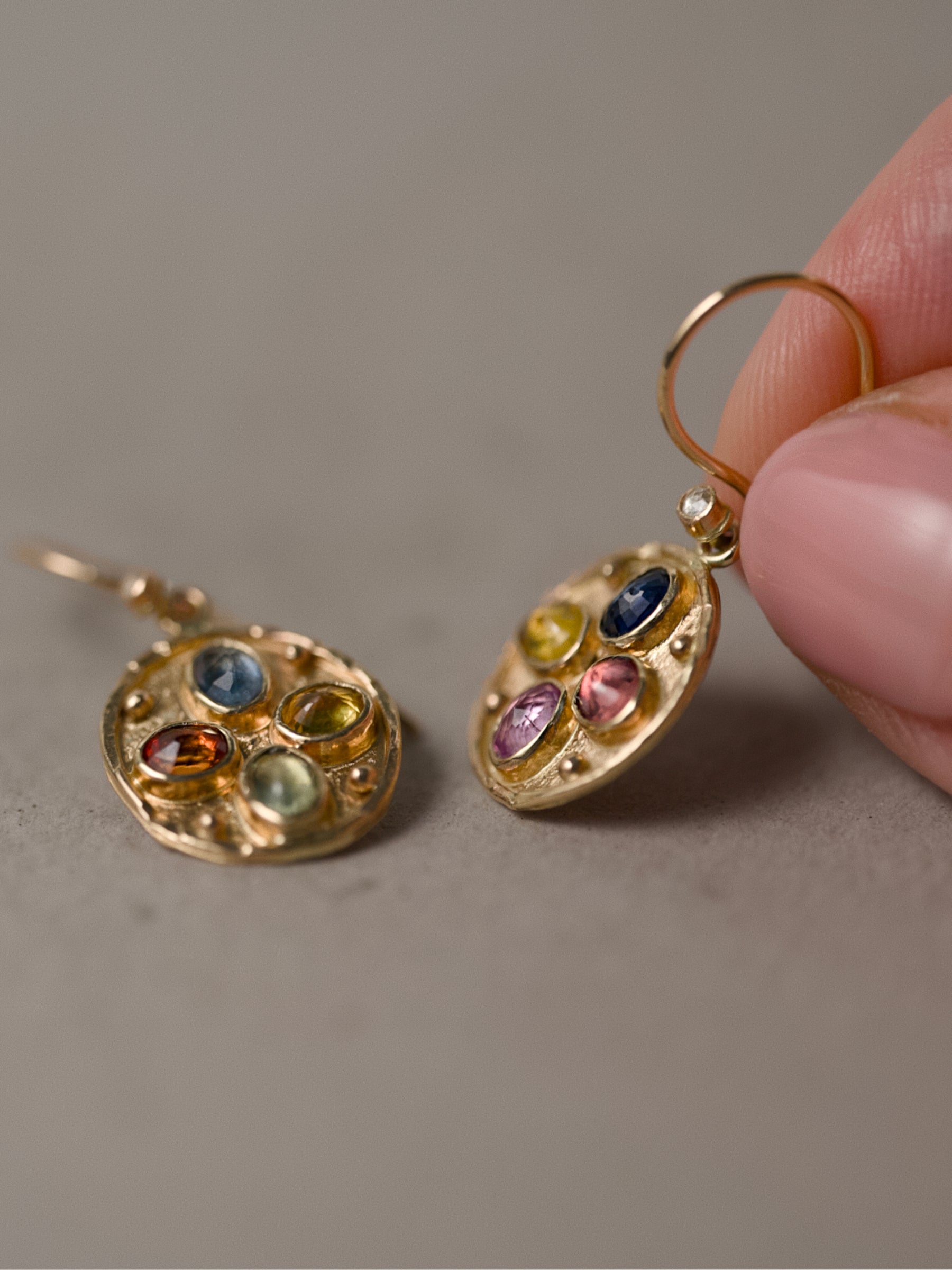 Florin confetti sapphire earrings handmade in 14ct gold