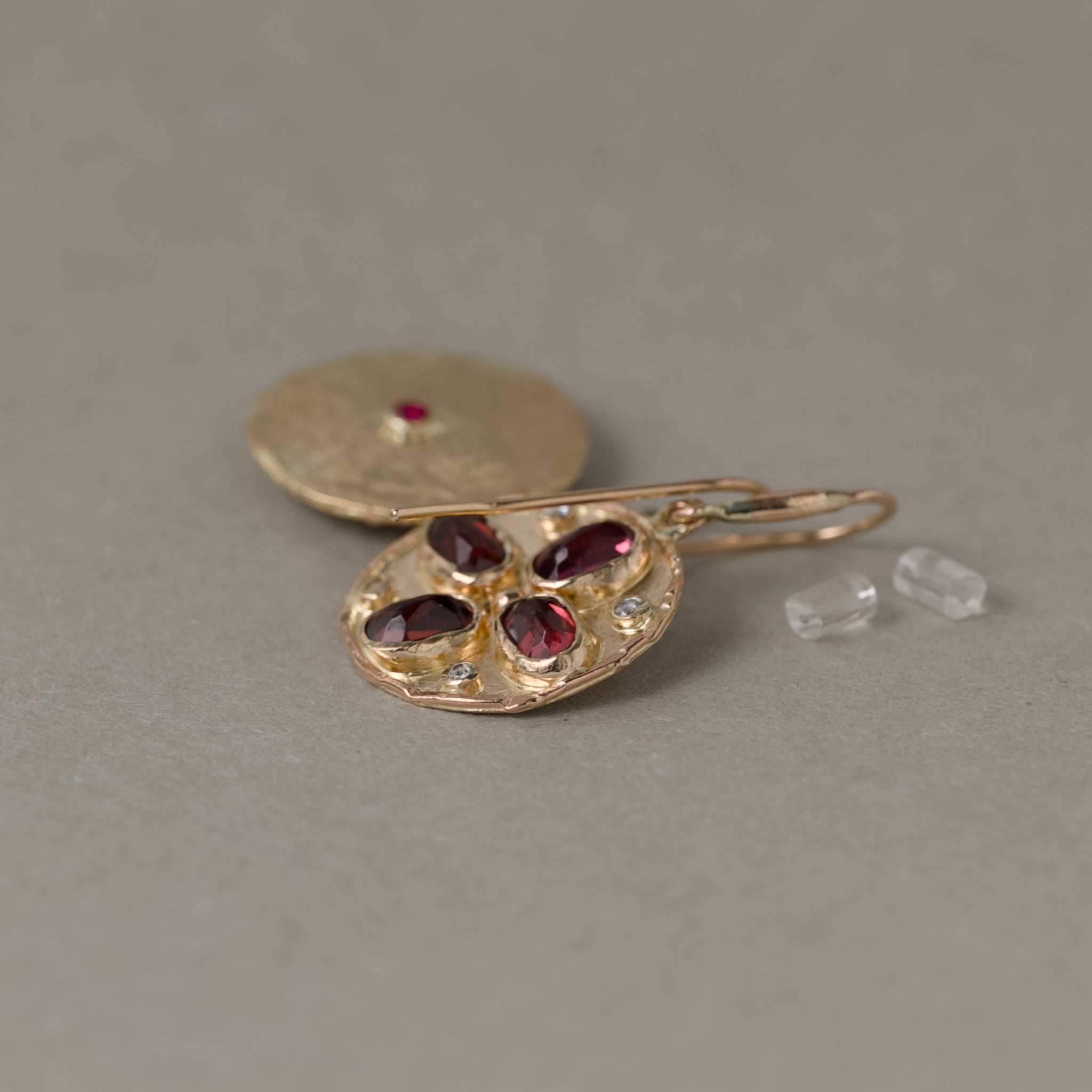 Florin Alta Malaia Garnet Earrings with gold, rose diamond accents, and deep crimson garnets