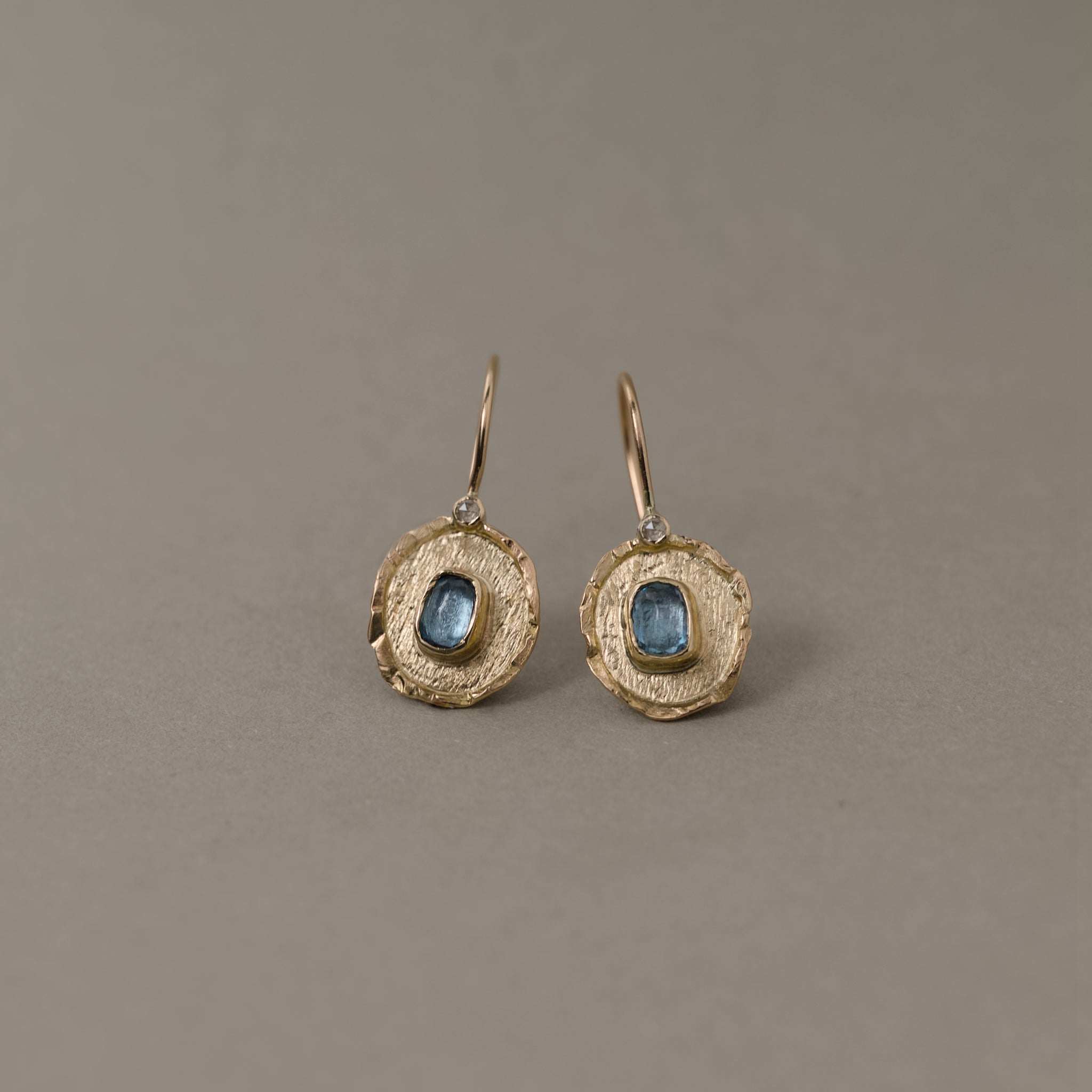 Florin Aquamarine Diamond Earrings with rose-cut diamonds and gold medallions showcasing aquamarine gemstones