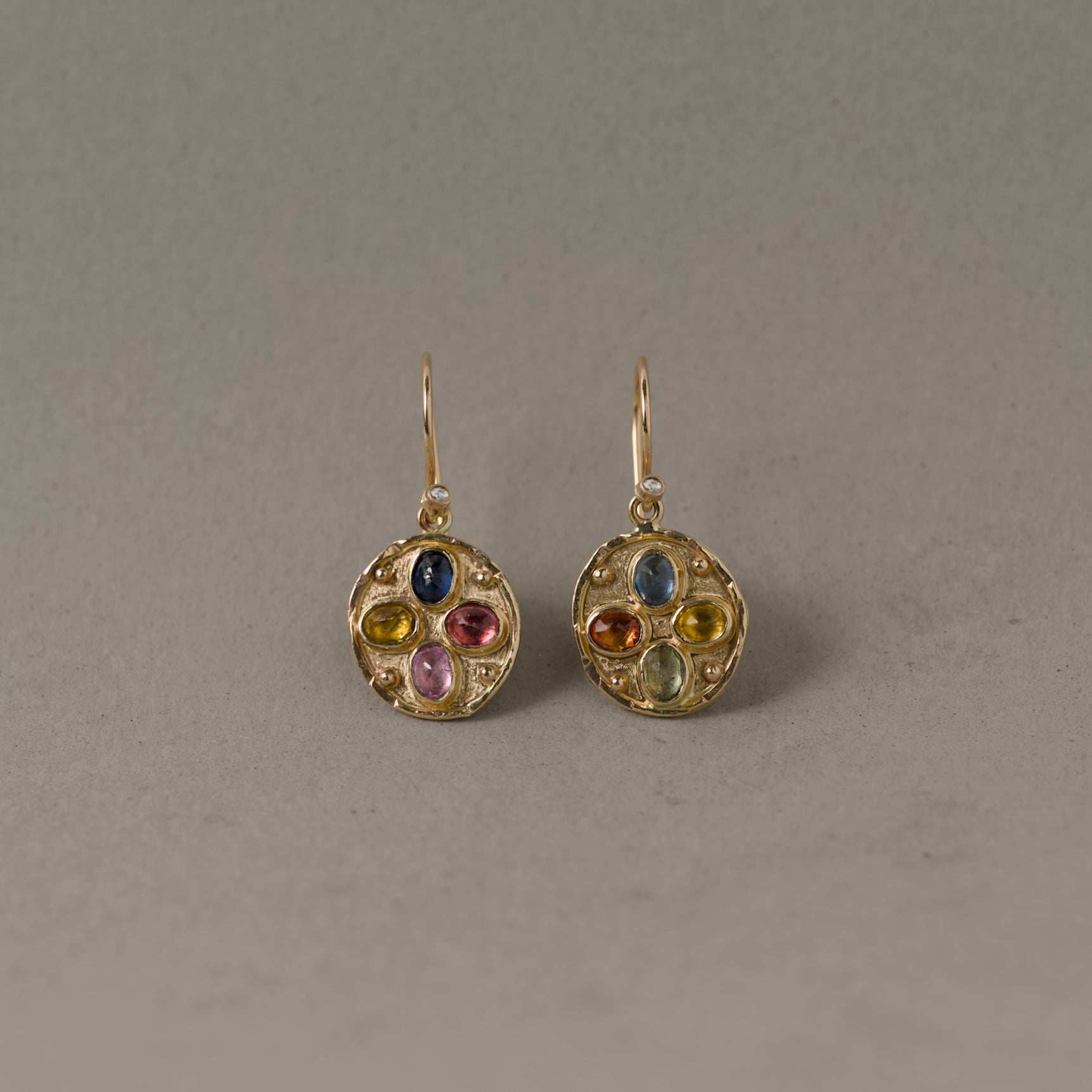 Florin Confetti Sapphire diamond earrings with gold, rose diamonds, and multicolored sapphire coins in a circular design