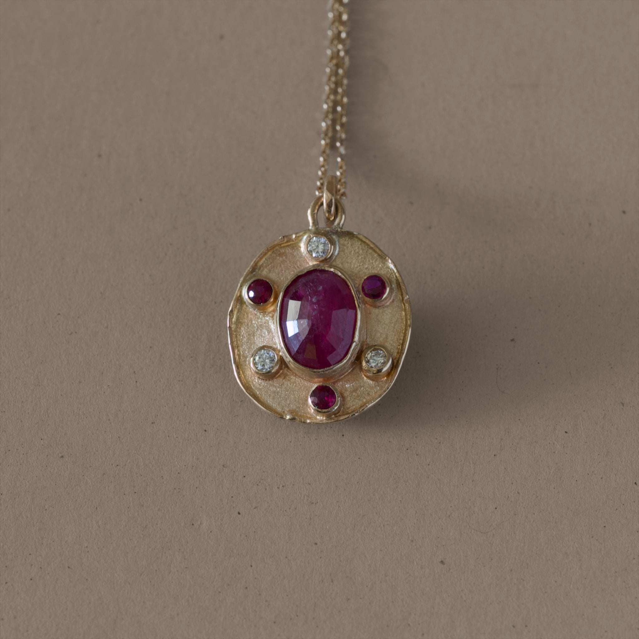 Ruby necklace featuring Mozambique rubies and natural diamonds set in 14ct gold.