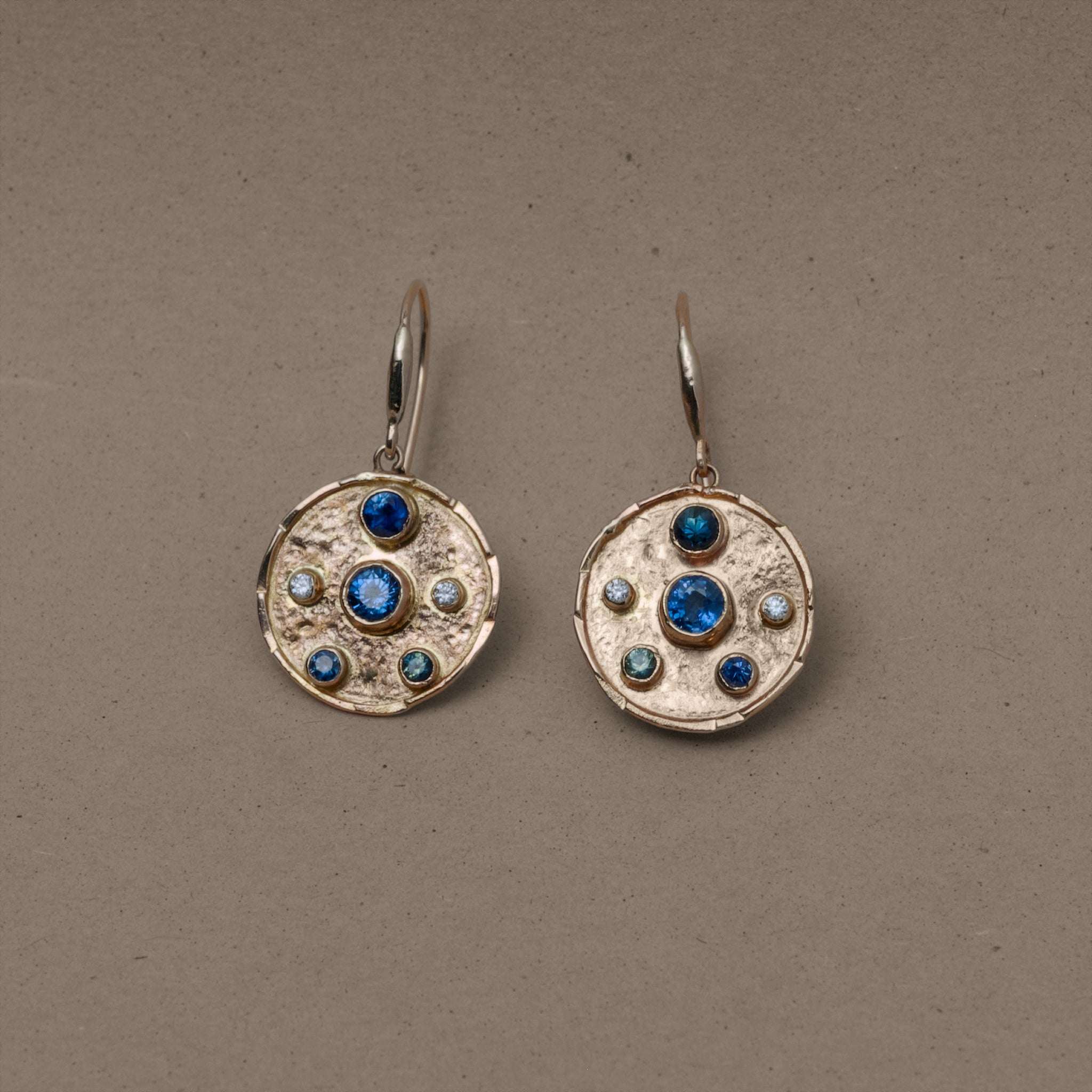 Handmade 14ct gold florin sapphire diamond earrings with Ceylon and Arizona sapphires and natural diamonds