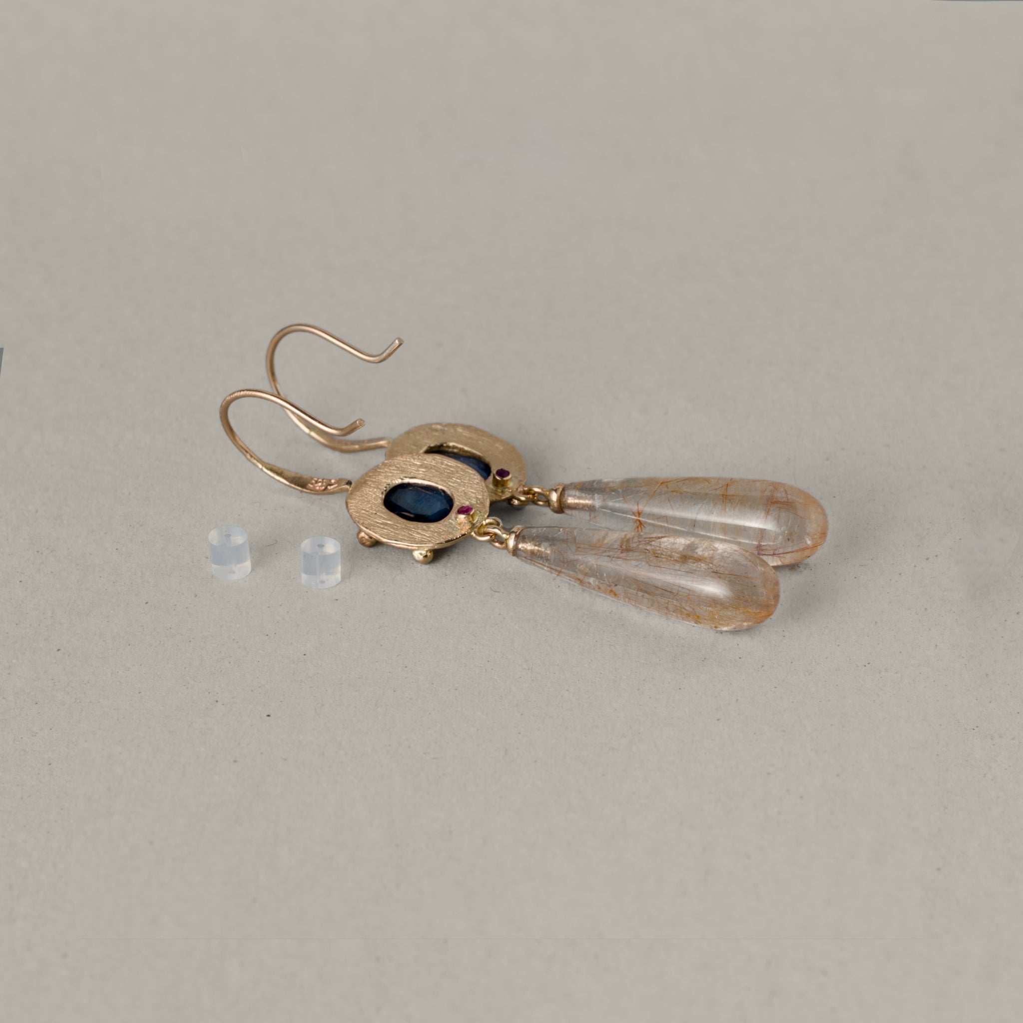 Florin Sapphire Quartz gold drop earrings with deep blue sapphire and elegant quartz teardrops