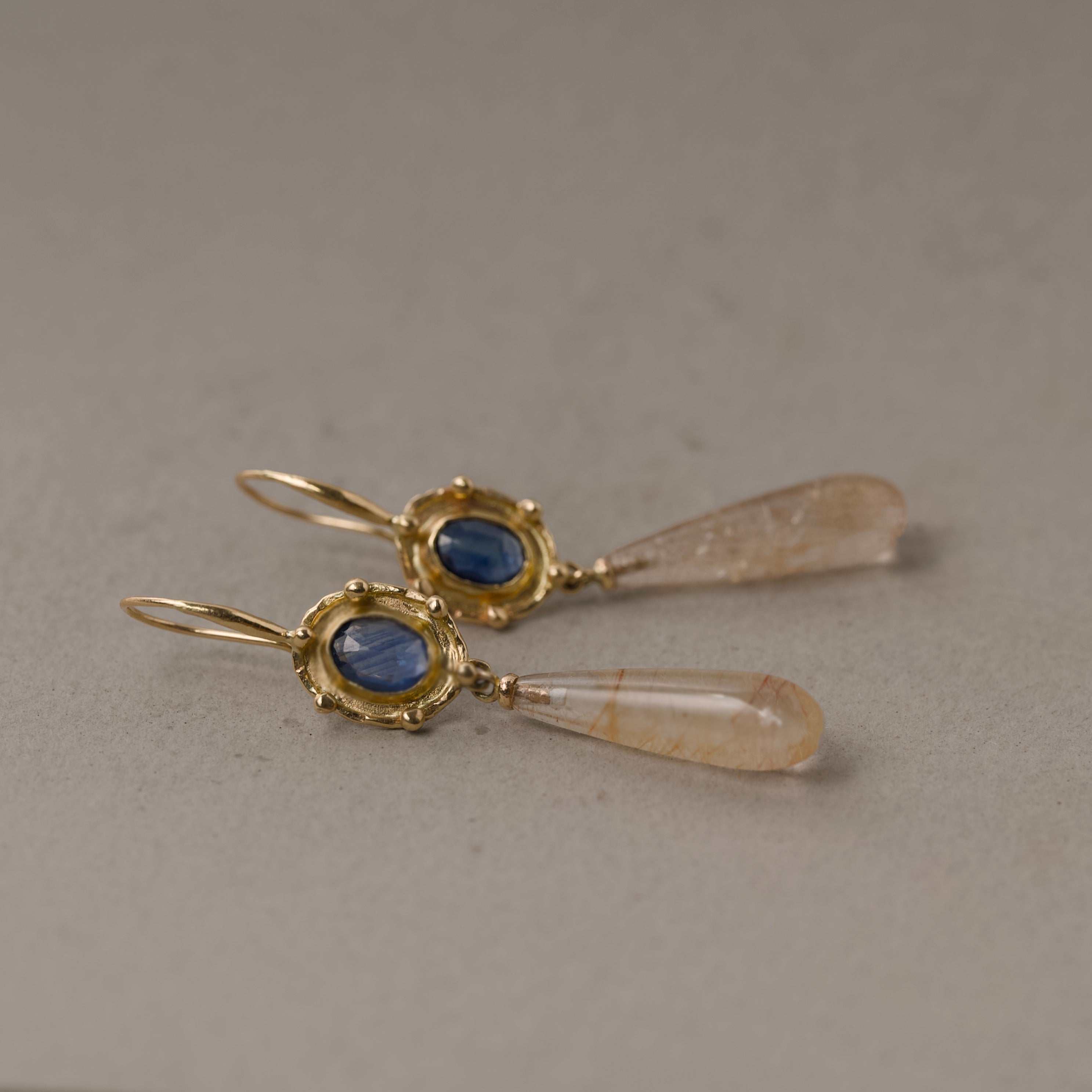 florin sapphire and rutilated quartz earrings in 14ct gold