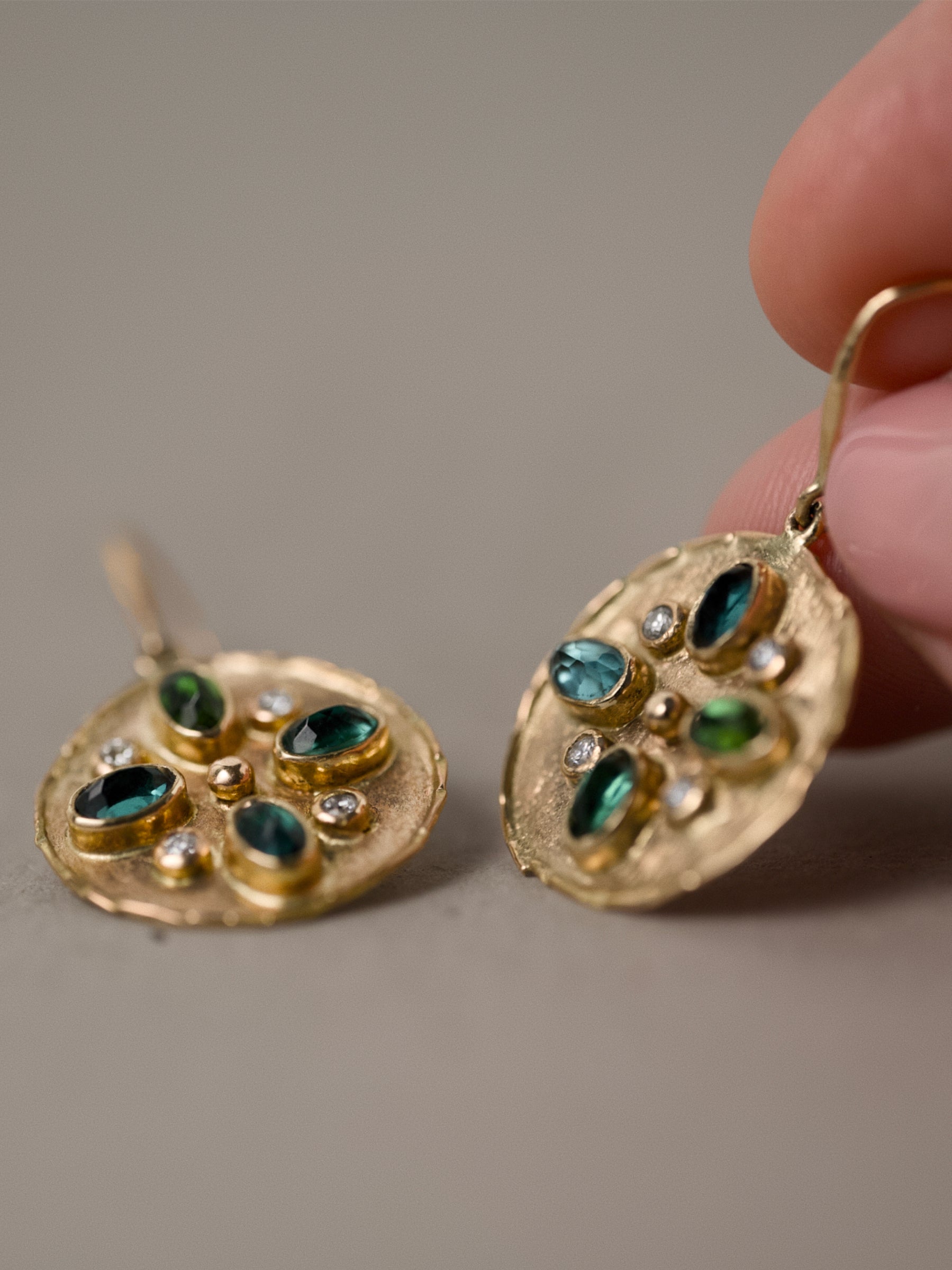 Floin indicolite tourmaline earrings handmade in 14ct gold