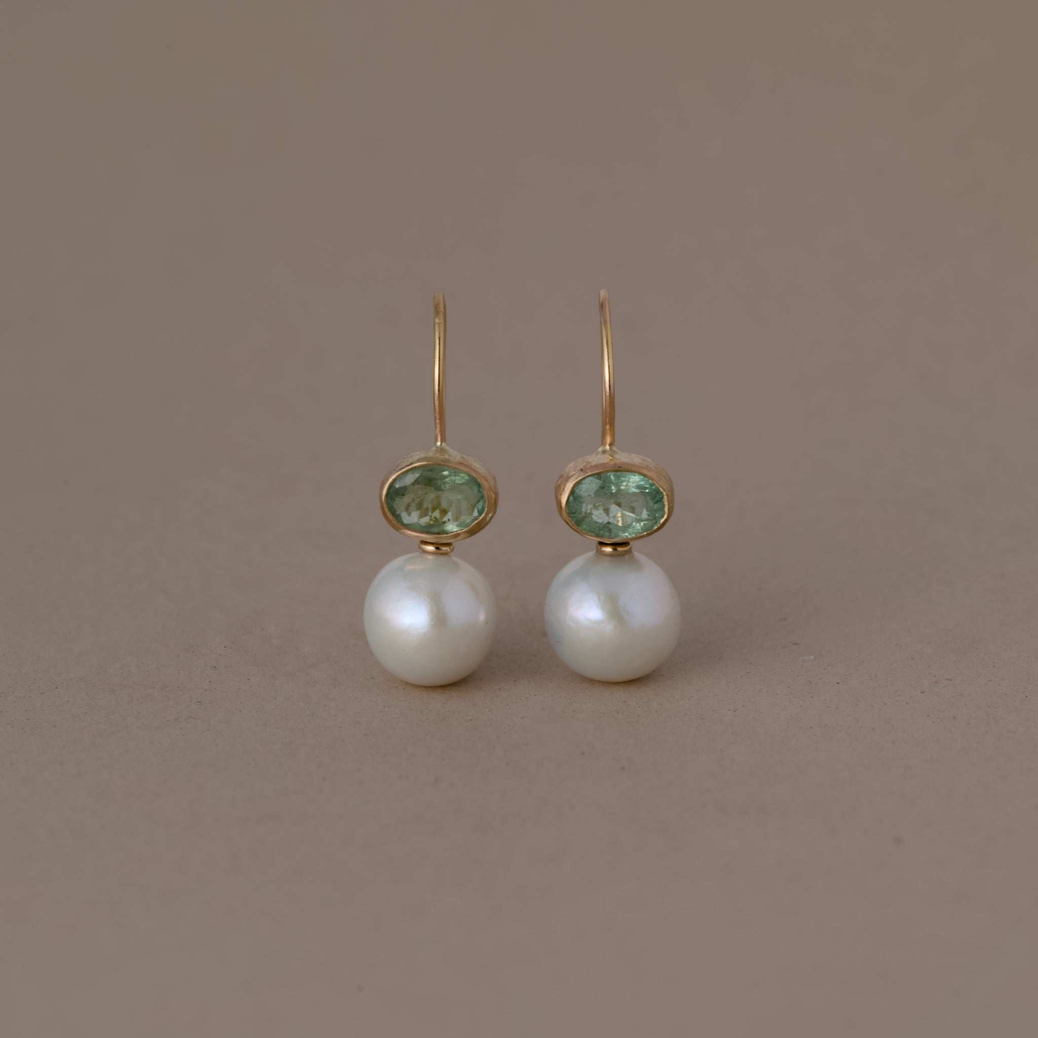 14ct gold pearl earrings with green Paraíba tourmaline and freshwater pearls