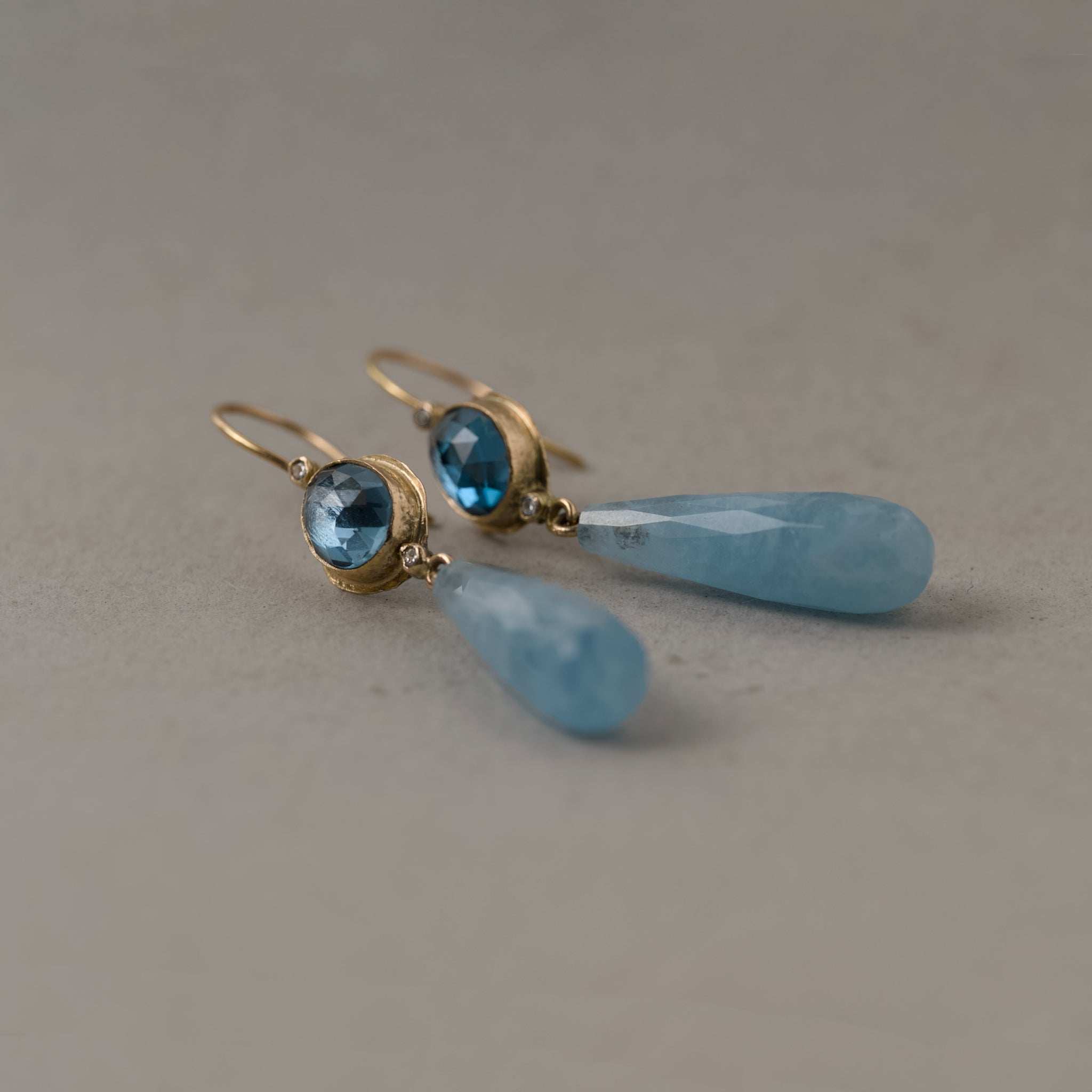 Sera London Blue Topaz and Aquamarine drop earrings with gold and diamond accents
