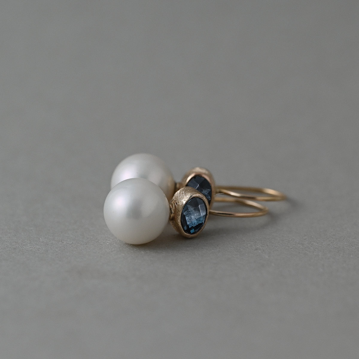 London blue topaz and Edison pearl earrings in solid 14ct gold