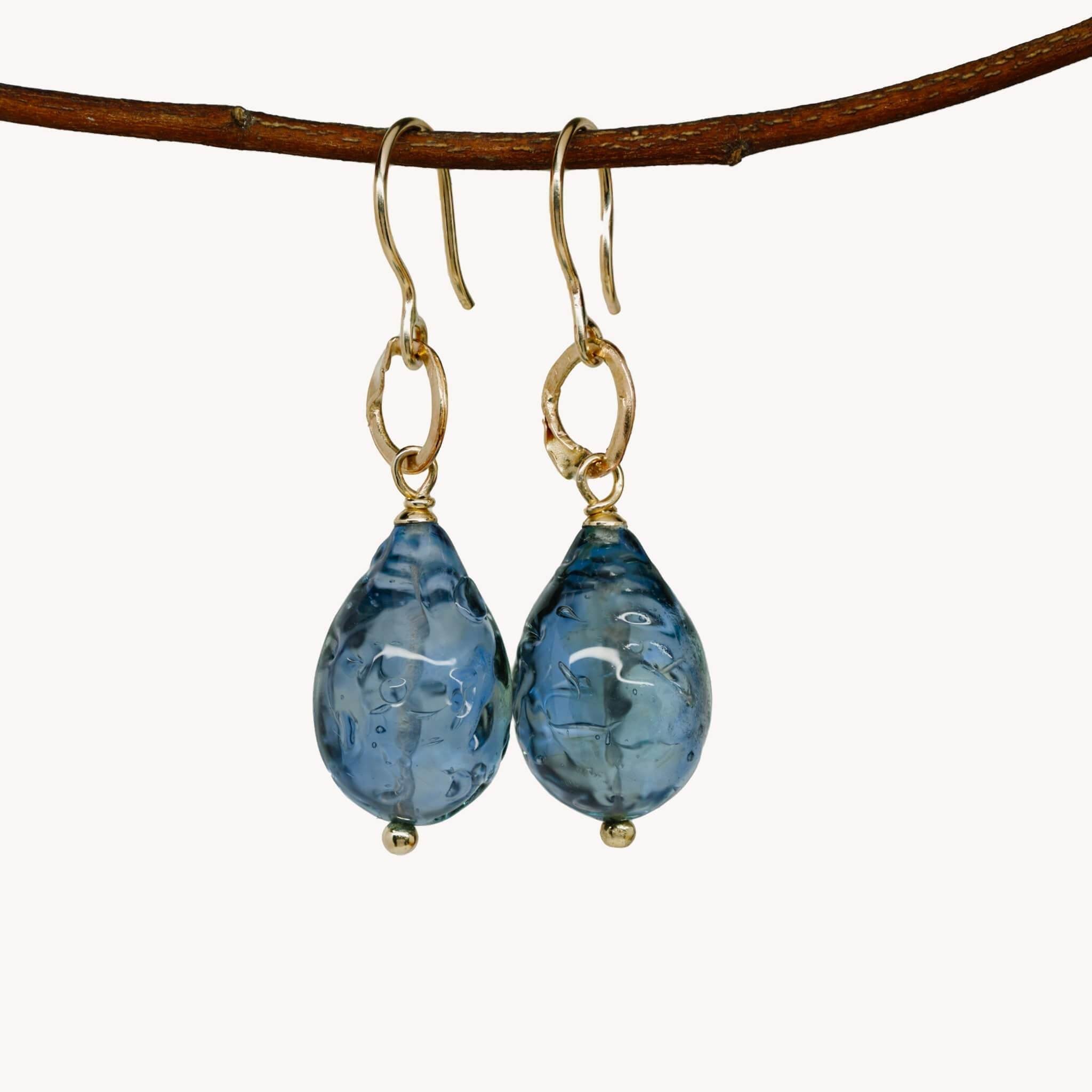 Oro Murano Londra Blue Earrings with London Blue Murano glass and 14ct gold accents.
