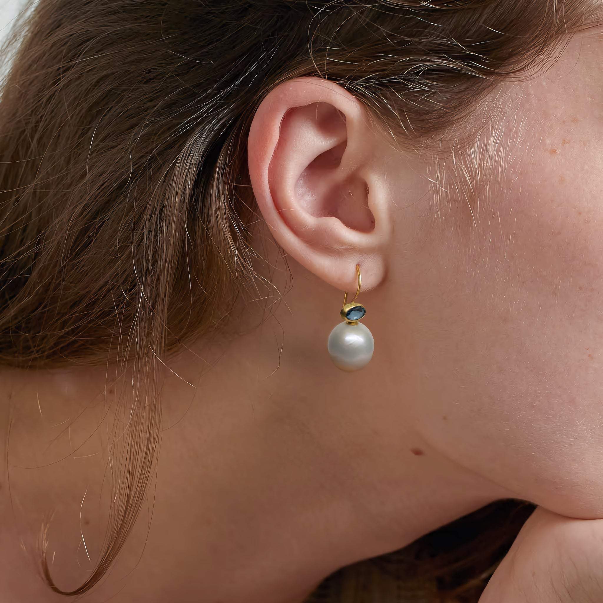 Blue Earrings with London blue topaz and freshwater pearls  in 14ct gold setting.