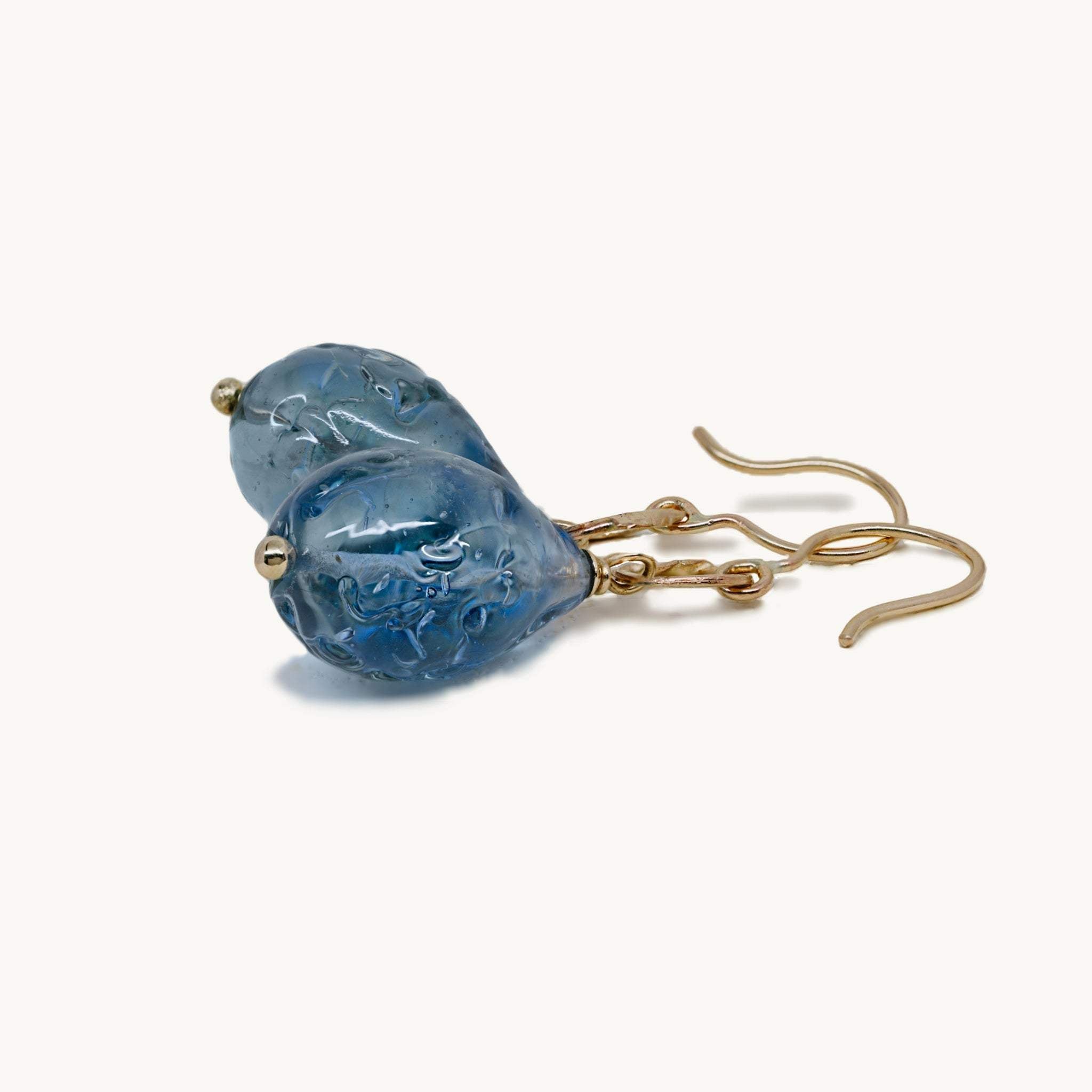 Oro Murano Londra Blue Earrings with London Blue Murano glass and 14ct gold accents.