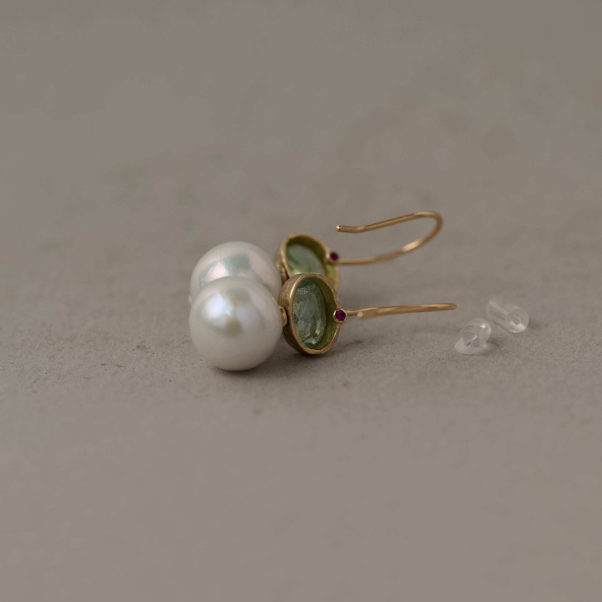 paraiba green pearl earrings hand made in 14ct gold
