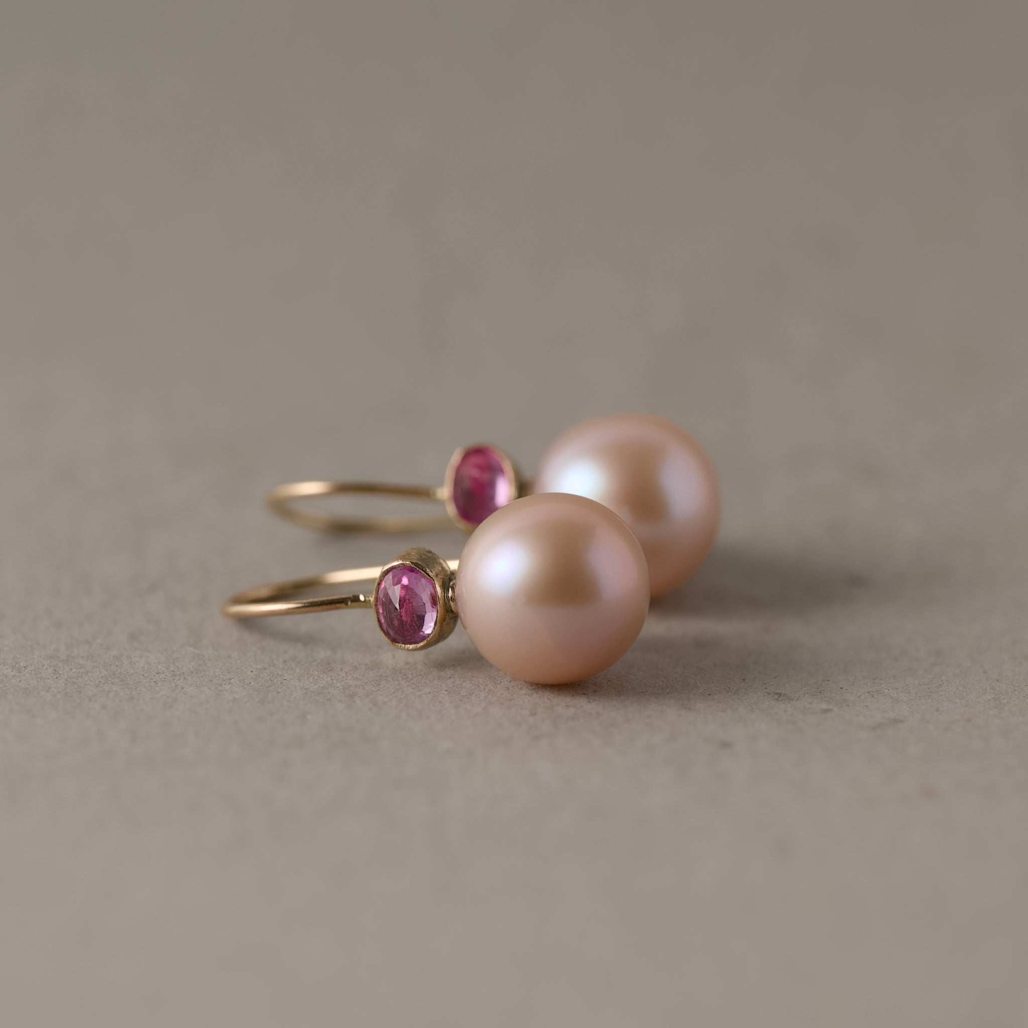 Pink Pearl Earrings with Rose Sapphires in 14ct Gold