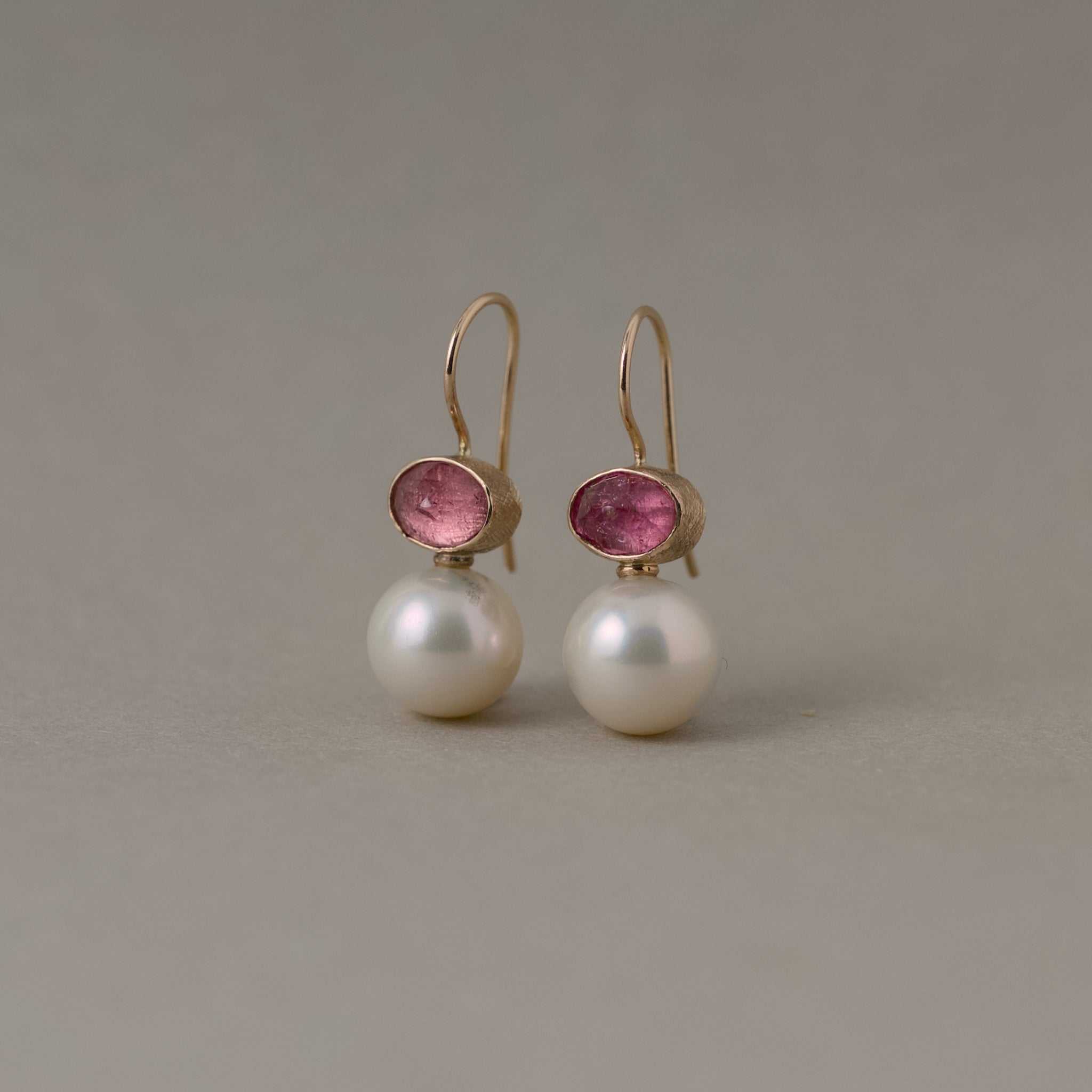 Pink tourmaline and pearl earrings with gold embellishments