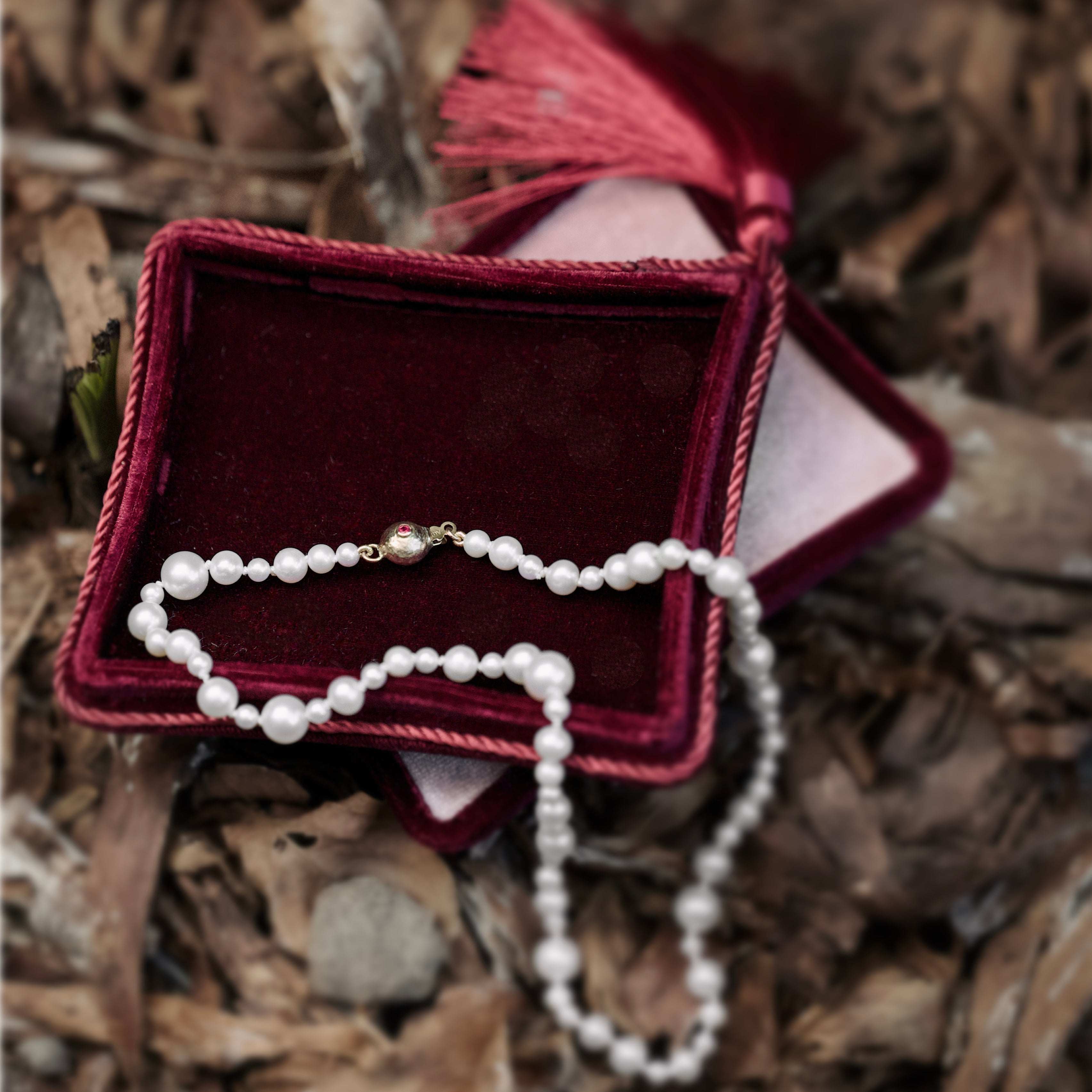 Ondina Freshwater Pearl Necklace with diamond and ruby clasp in red velvet box on natural background