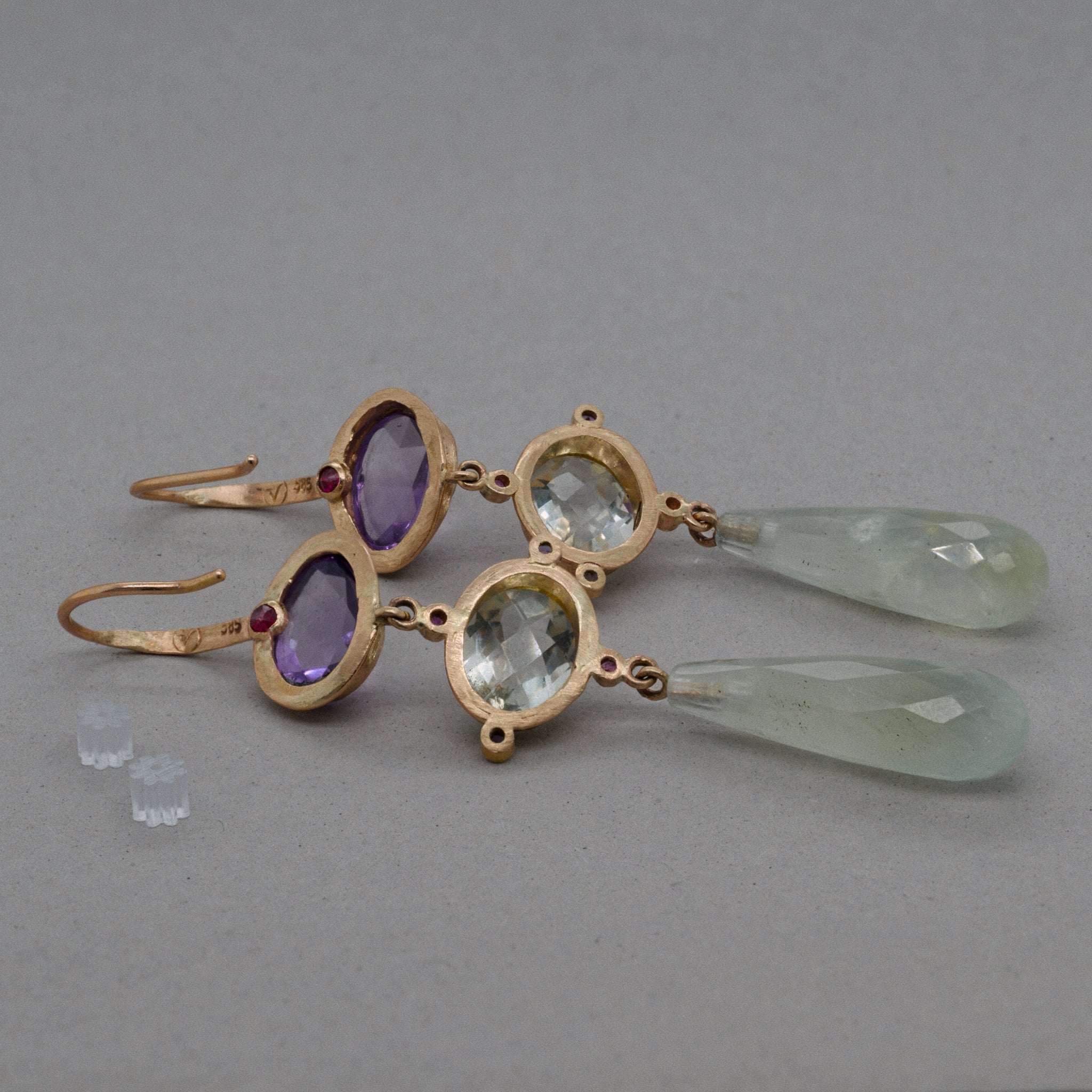 SERA AMETHYST EARRINGS with gold accents, featuring amethyst, prehnite, and sapphire gemstones.
