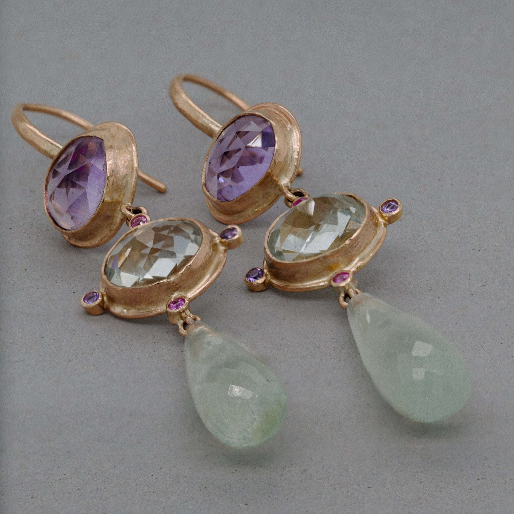 Amethyst and prehnite gold earrings with sapphire accents.