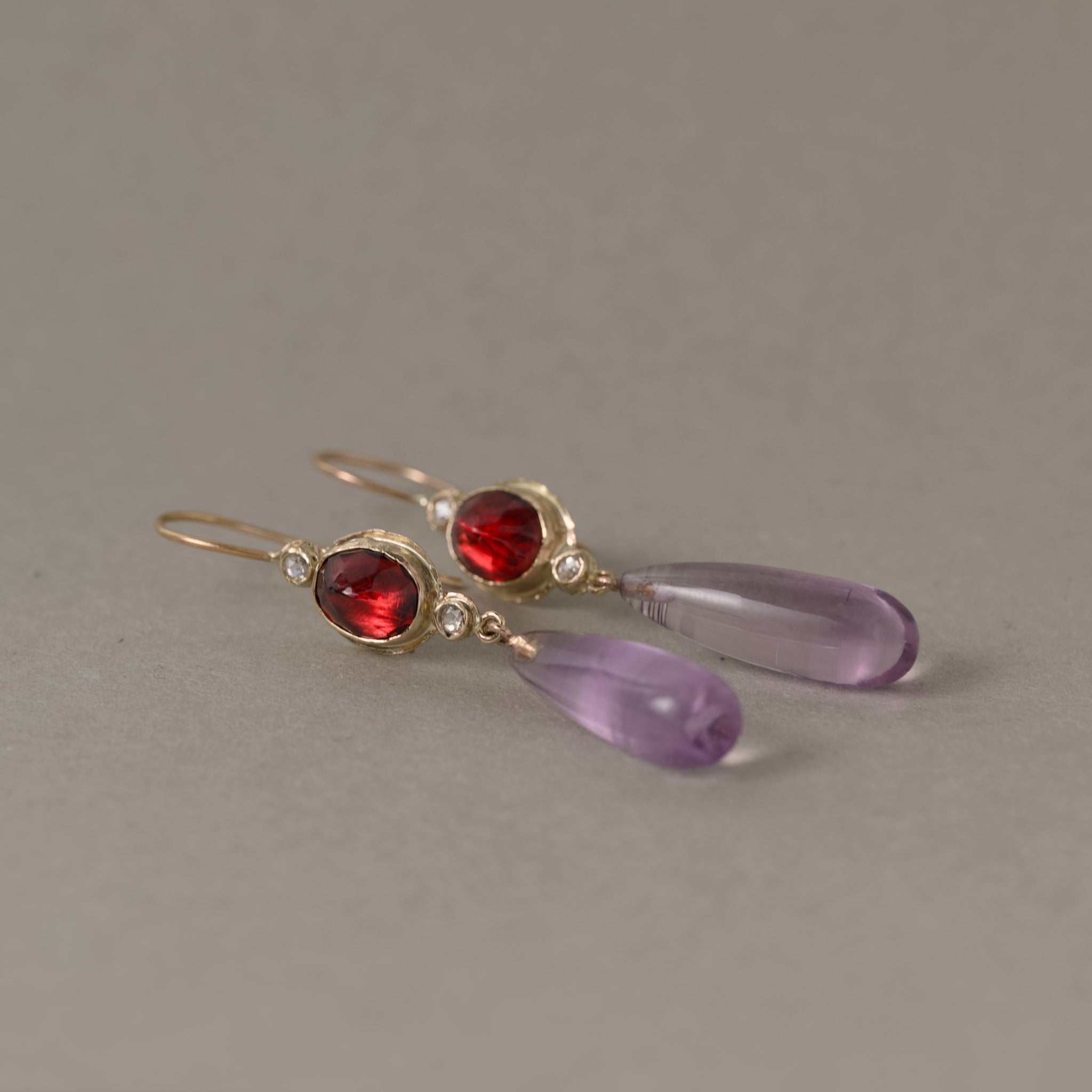 Sera Amethyst Garnet Earrings with lilac amethyst drops, wine red garnets, rose-cut diamonds, and gold setting