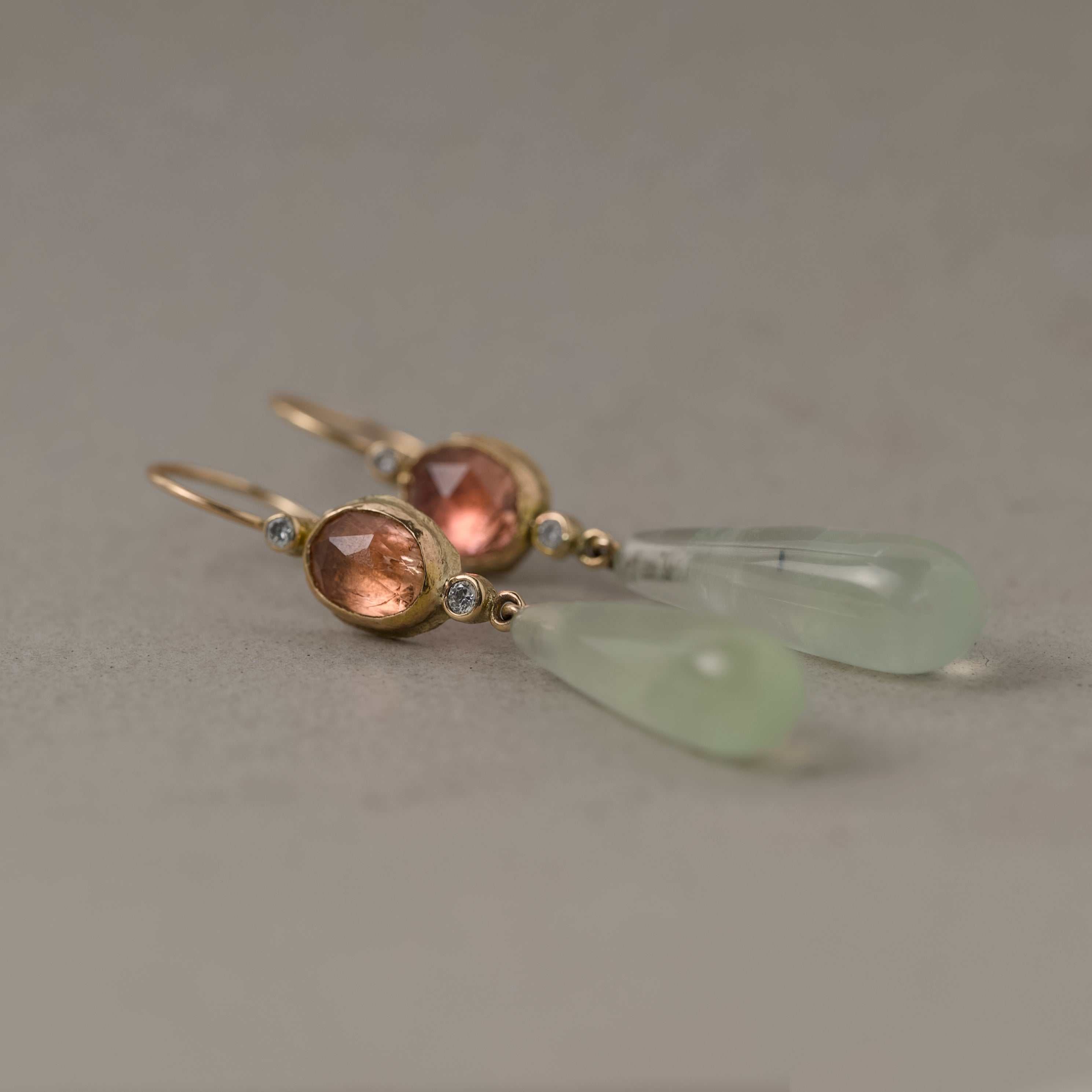 Sera Imperial Topaz earrings with gold, diamonds, and mint Prehnite drops