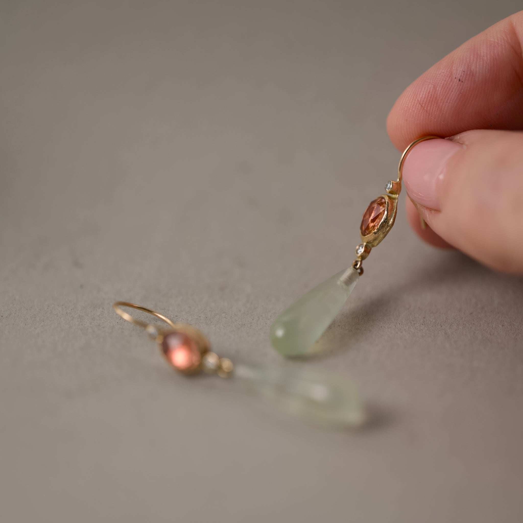 Sera Imperial Topaz drop earrings with gold, diamonds, and mint prehnite gemstones