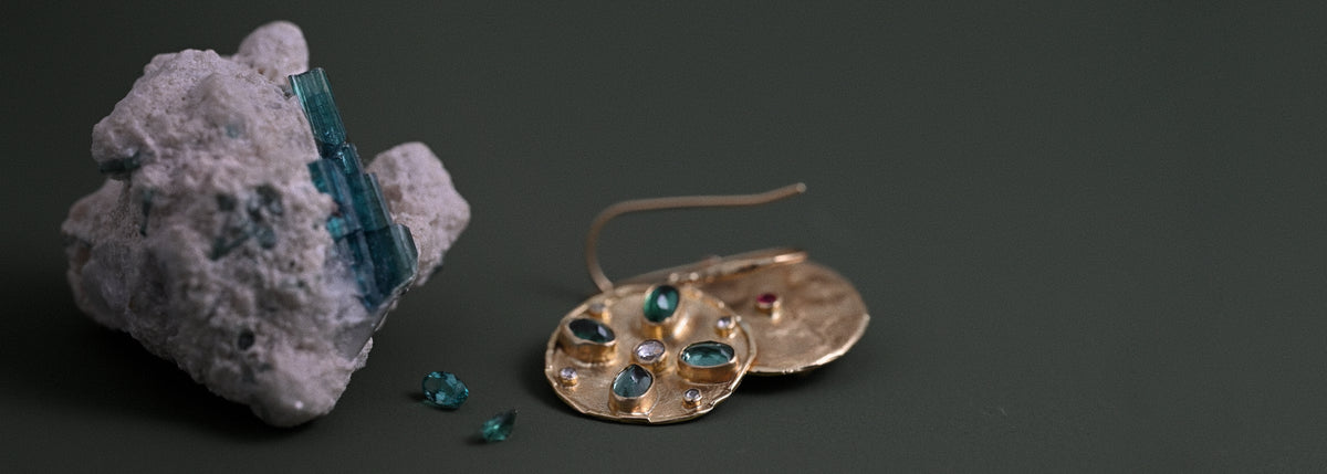Florin 14ct gold earrings with tourmaline crystal and loose tourmalines