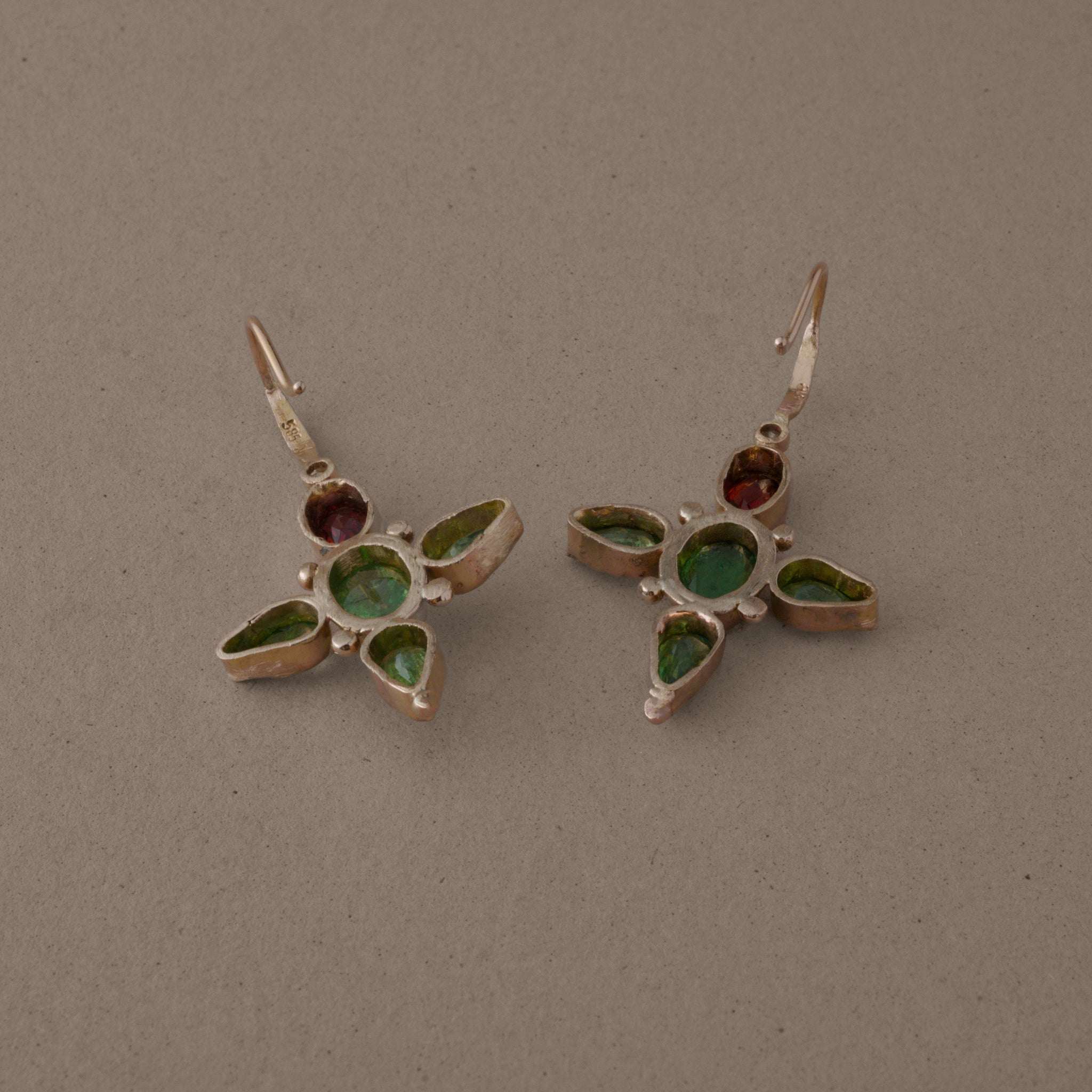 Stella Tsavorite Diamond Earrings with green tsavorite and magenta rhodolite garnets in recycled 14ct gold.