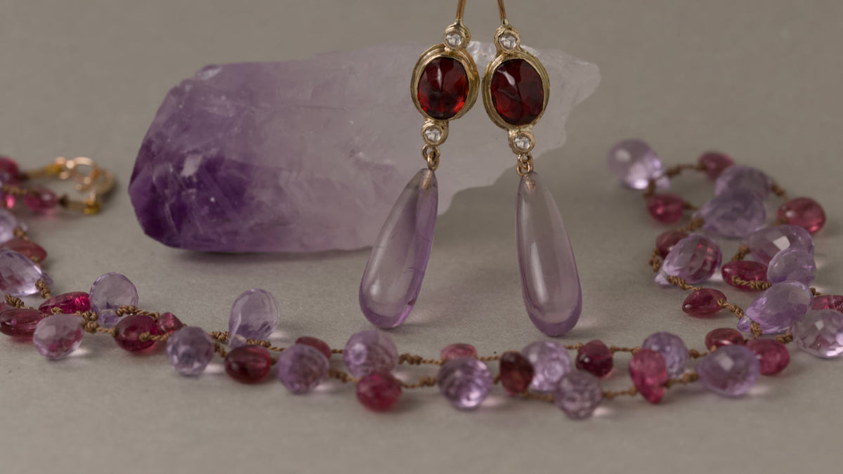 Amethyst jewellery, the February birthstone, in 14ct gold by Vermilion Jewellery