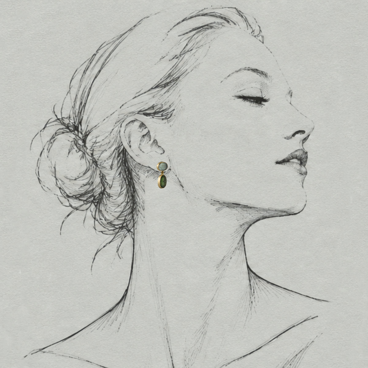 Vermilion Jewellery Duo 14ct solid gold green Paraíba tourmaline earrings on an artist sketch