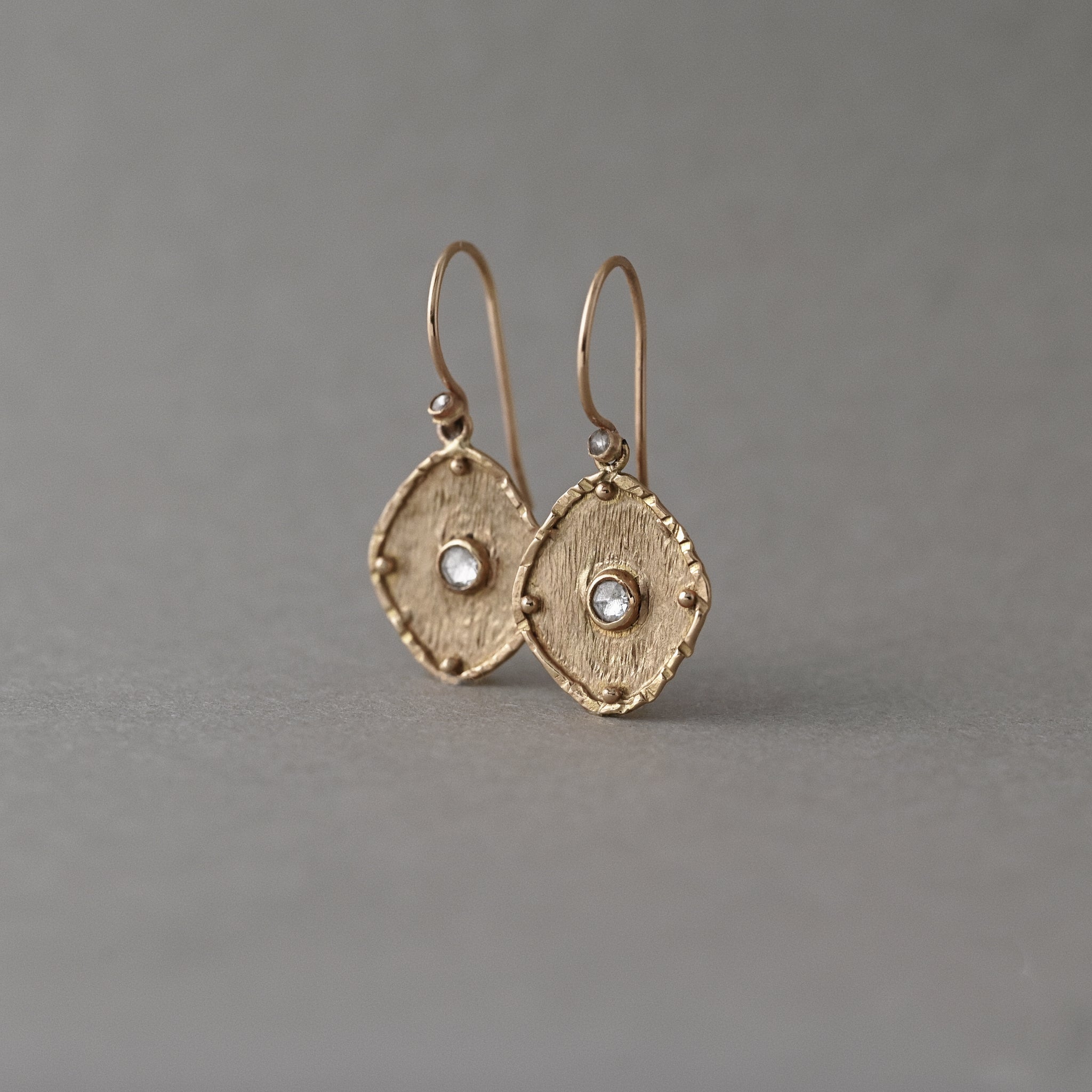 Florin 14ct solid gold earrings with natural rose cut diamonds in lozenge shape. 