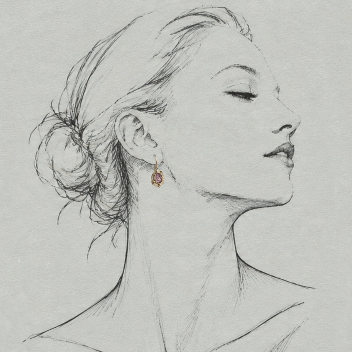 Vermilion Jewellery 14ct solid gold pink tourmaline earrings on an artist sketch