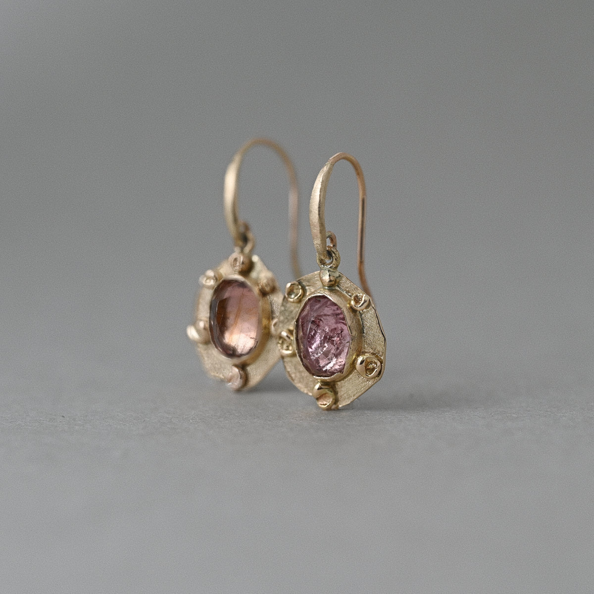 Vermilion Jewellery Florin pink tourmaline 14ct gold earrings upright
