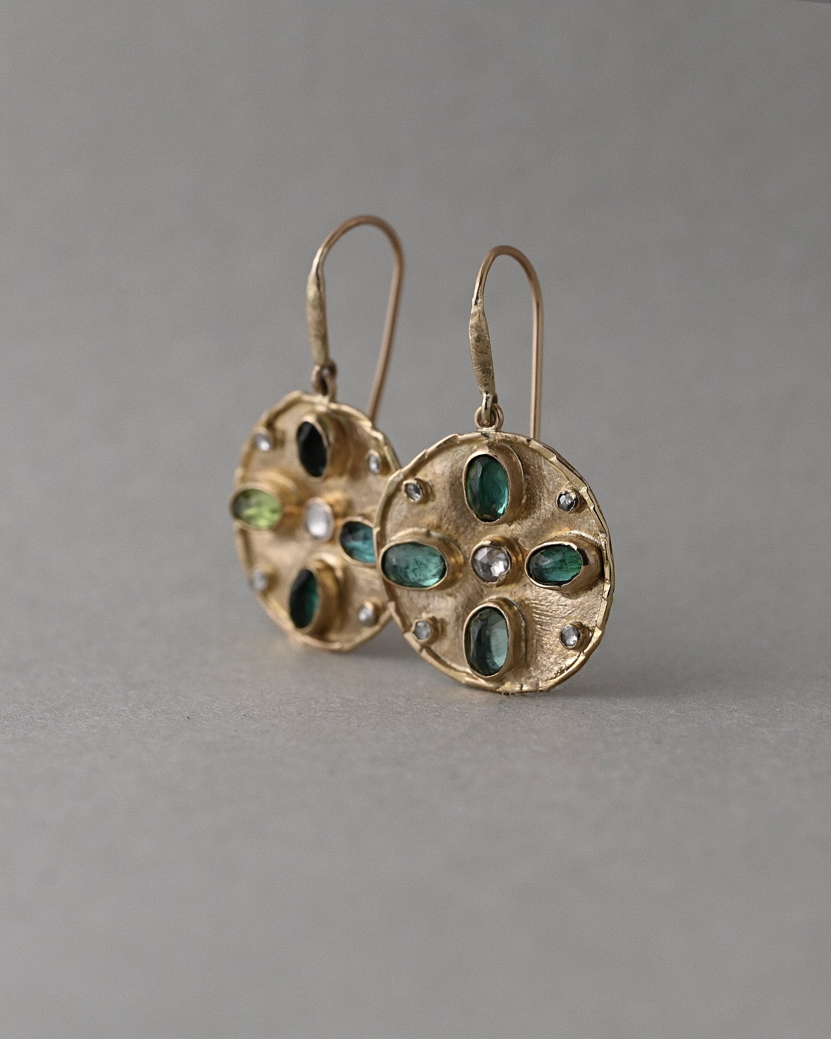 Indicolite tourmaline Florin drop earrings in 14ct solid gold with indicolite tourmalines and rose cut diamonds