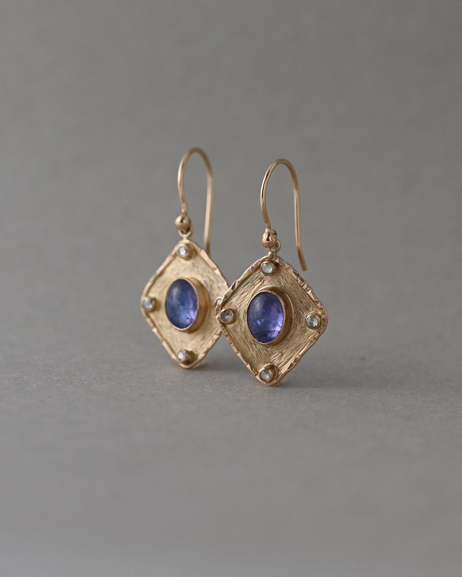 Tanzanite Florin drop earrings in 14ct solid gold with tanzanites and rose cut diamonds