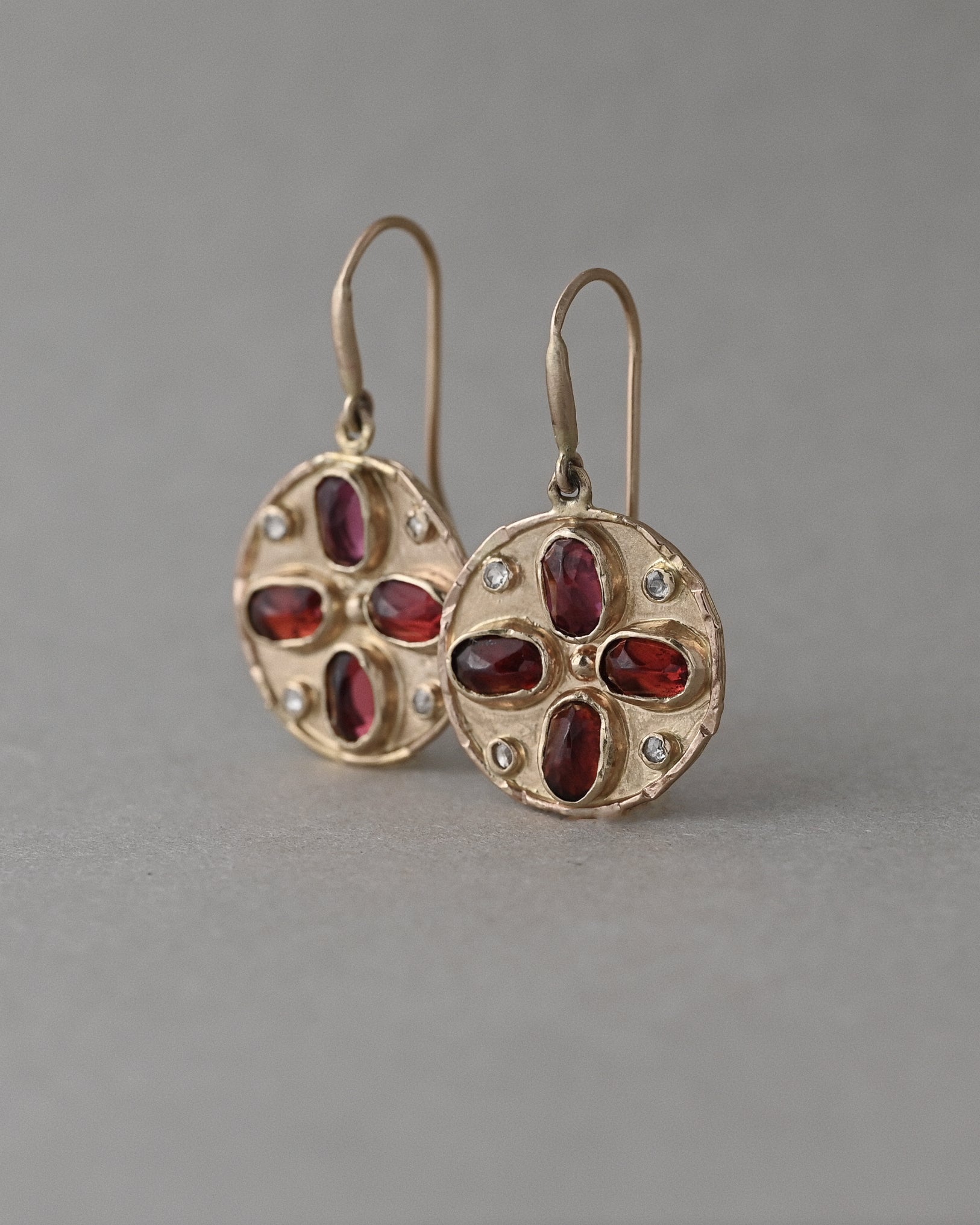 Ruby Florin drop earrings in 14ct solid gold with Mozambique rubies and rose cut diamonds