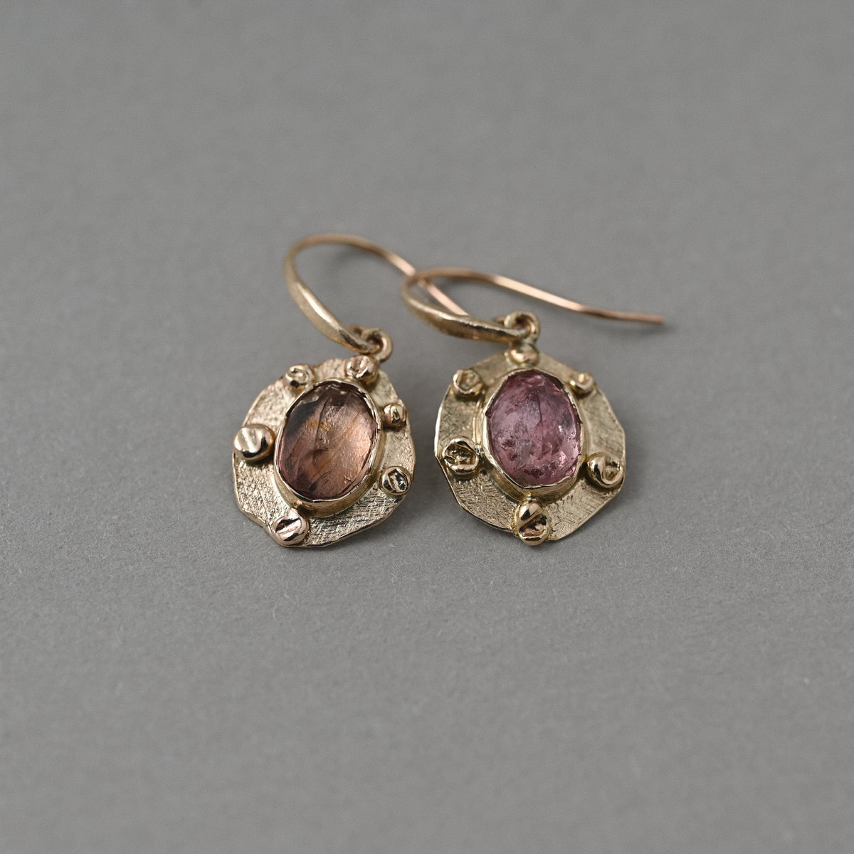 Vermilion Jewellery 14ct solid gold Florin pink tourmaline gold earrings