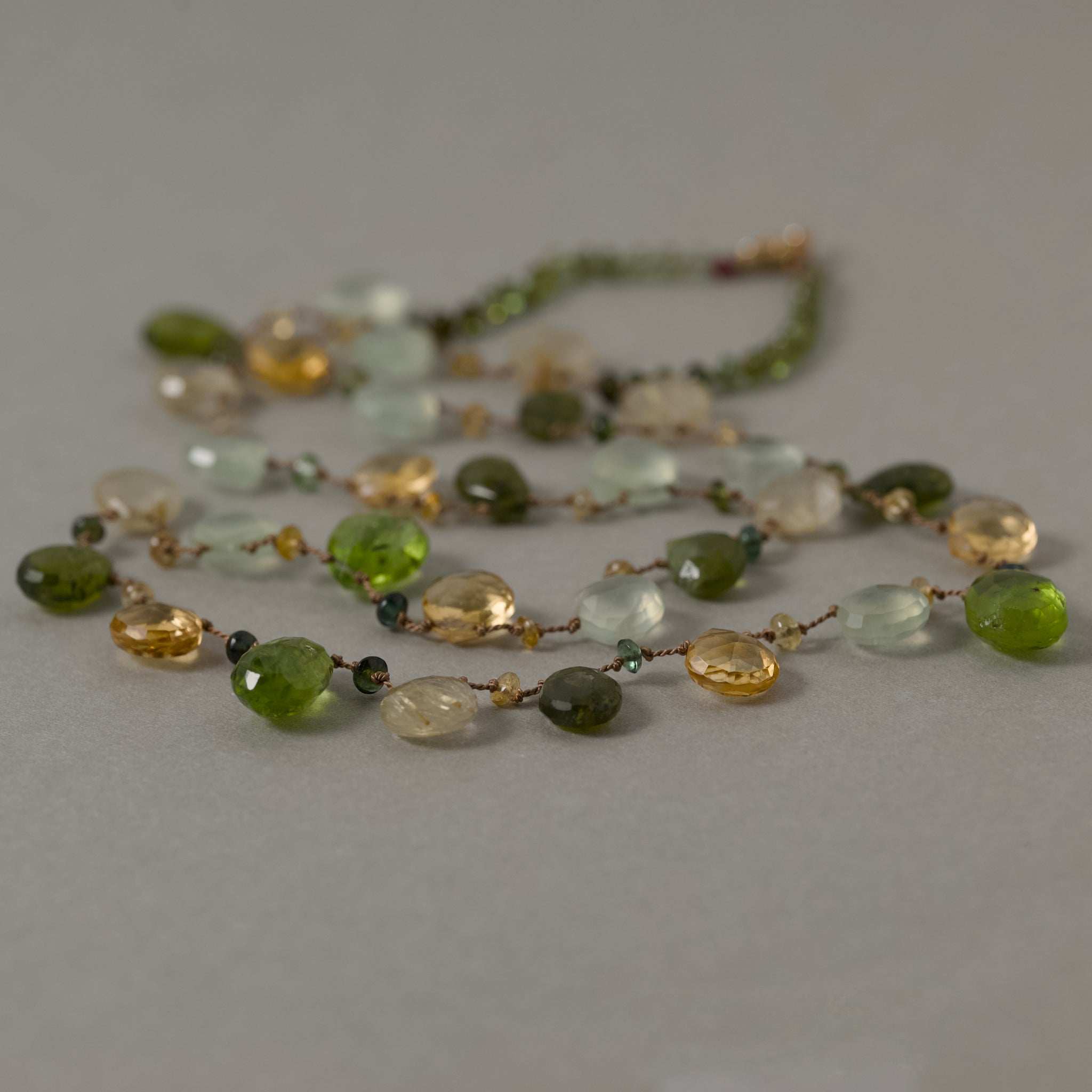 Lido Peridot citrine tourmaline gemstone necklace with gold clasp and autumnal colors