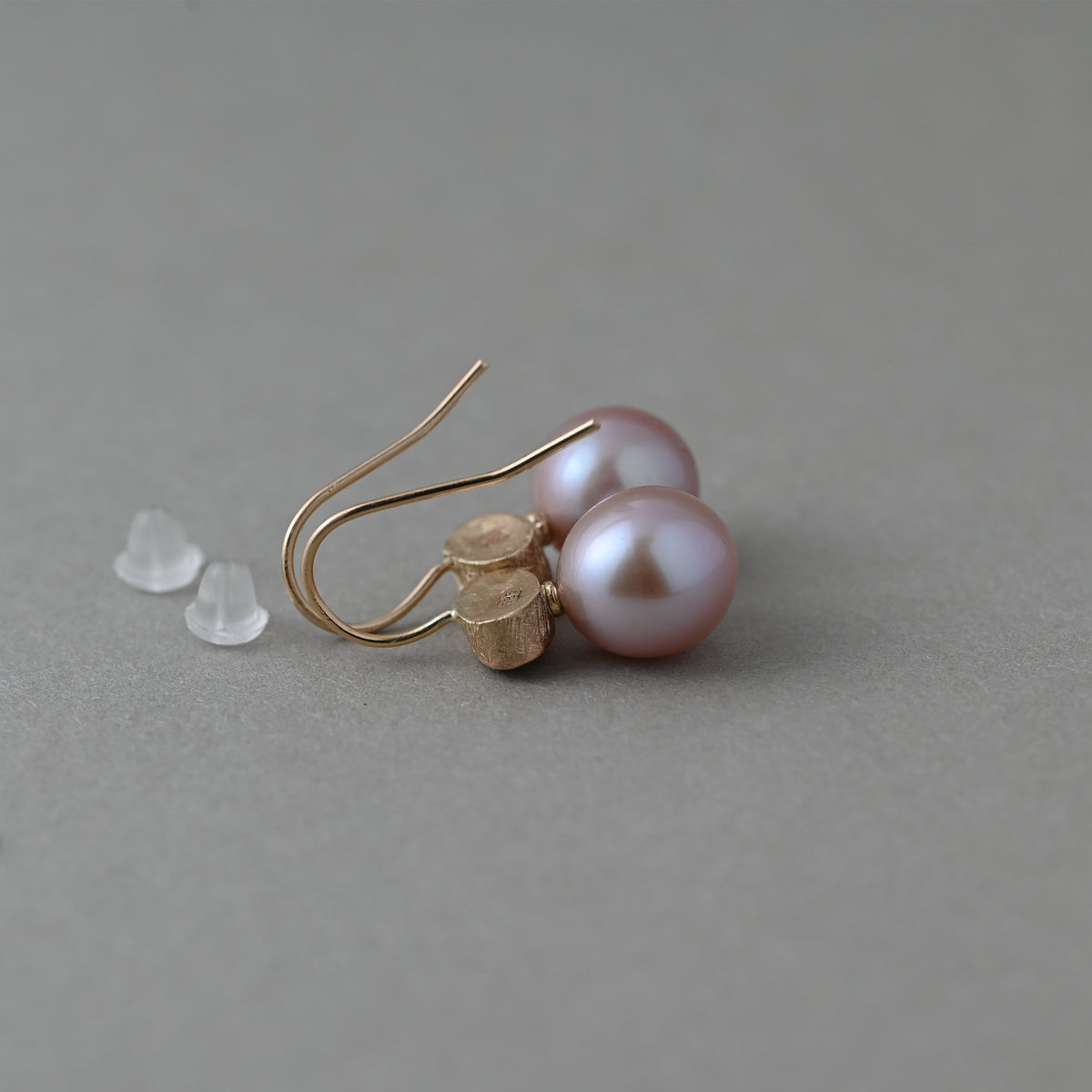 Morganite and pink freshwater pearl earrings in 14ct solid gold, reverse view showing the Australian 585 hallmark